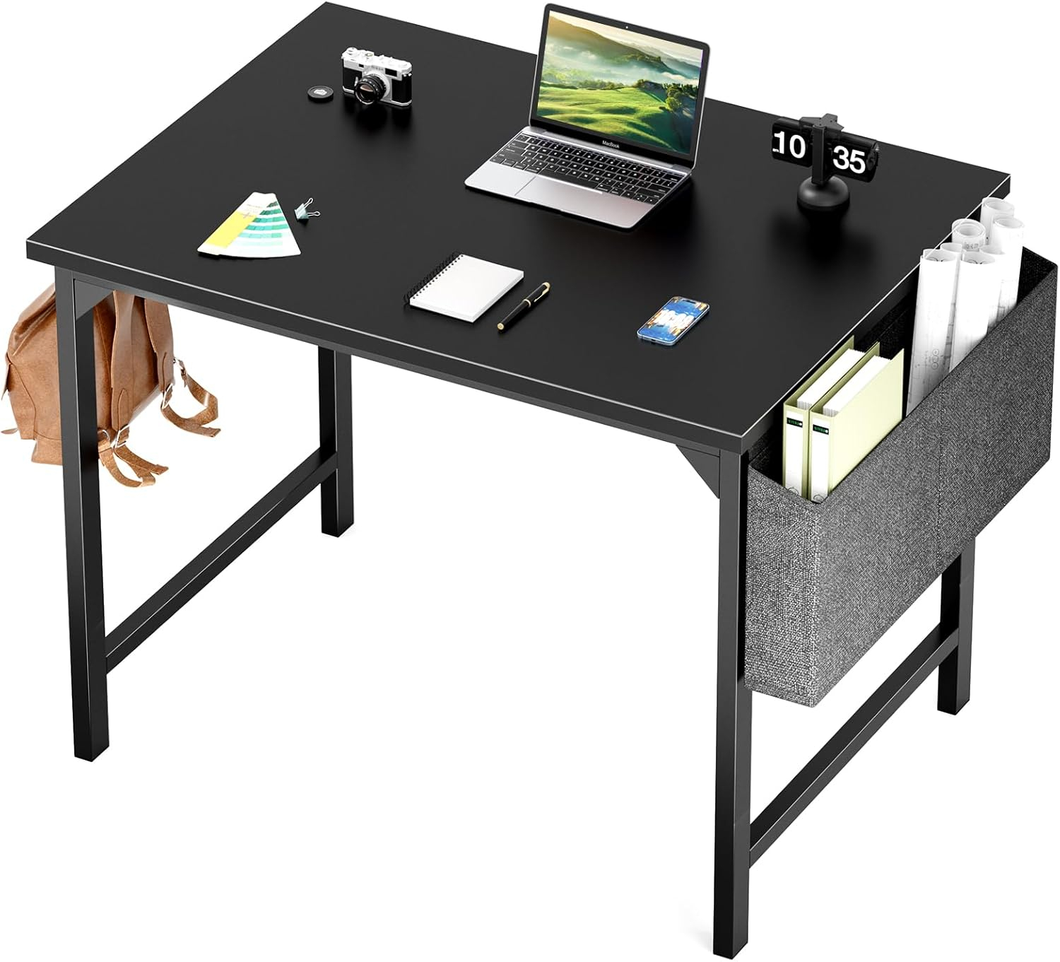 Sweetcrispy Small Computer Office Desk 40 Inch Kids Student Study Writing Work with Storage Bag & Headphone Hooks Modern Simple Home Bedroom PC Table - Black