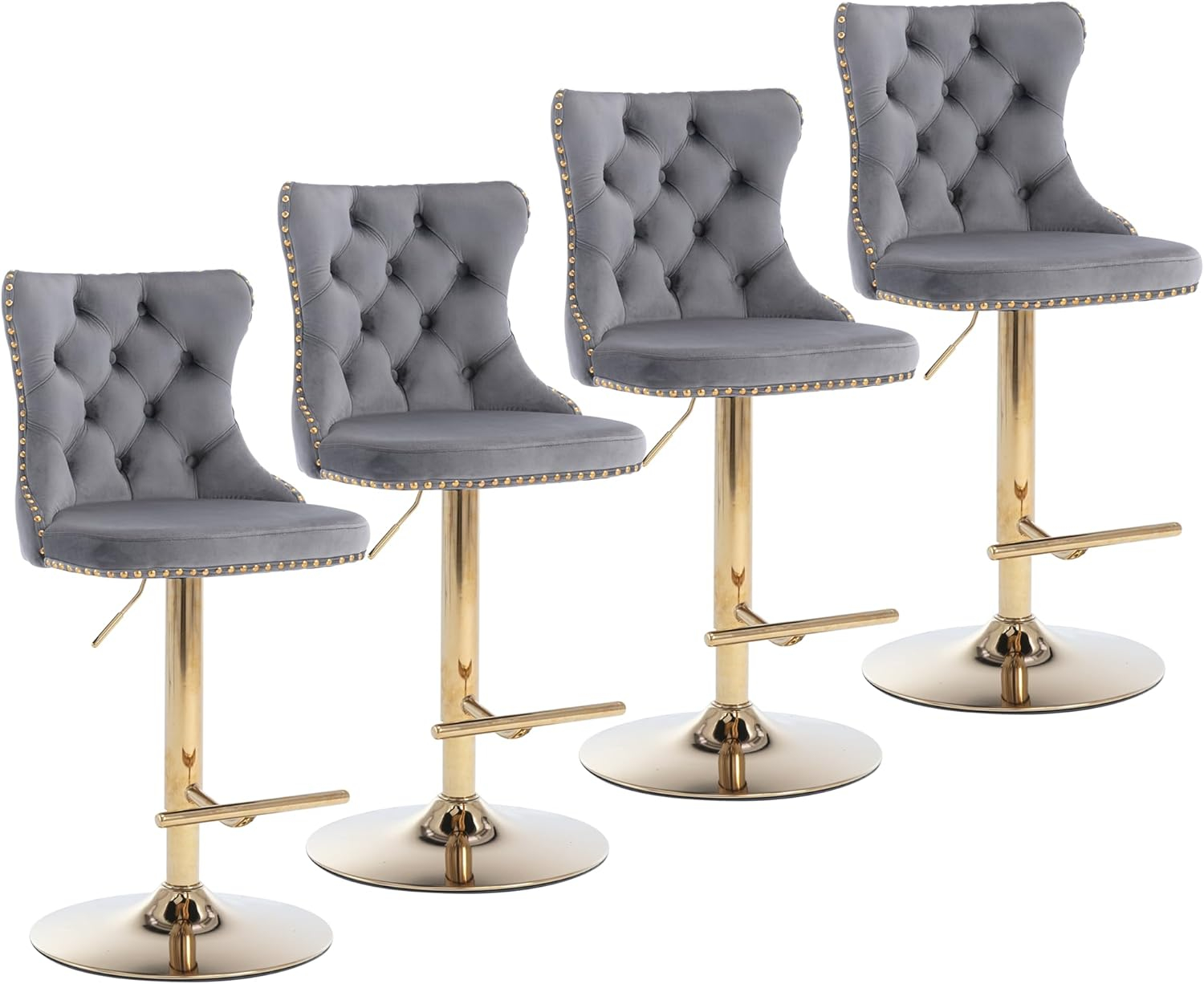 Gray Velvet Adjustable Swivel Bar Stools with Nailhead Trim
