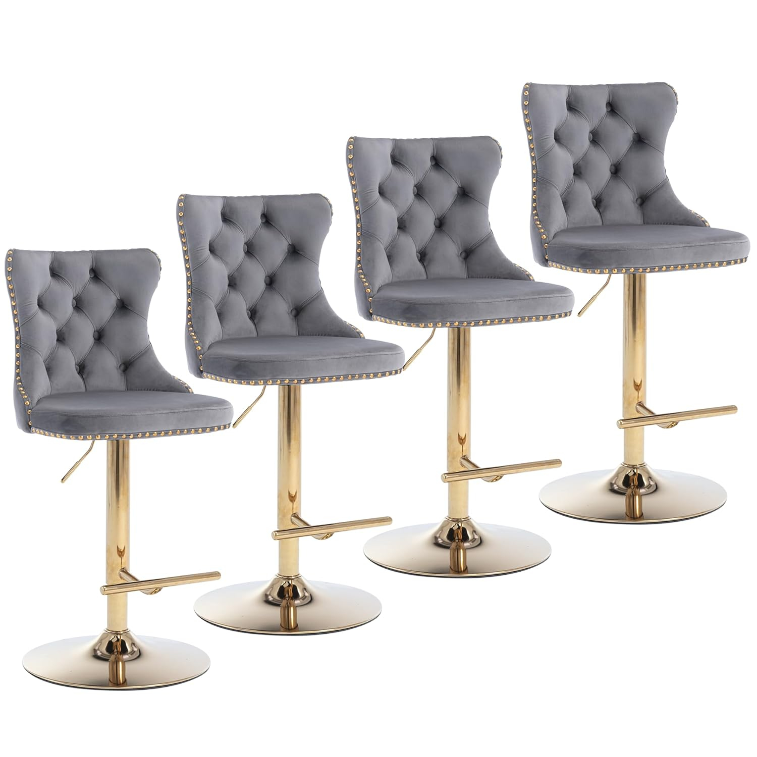 Gray Velvet Adjustable Swivel Bar Stools with Nailhead Trim