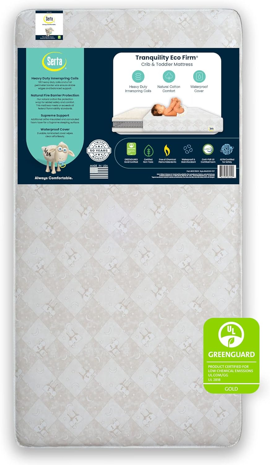 Serta Tranquility Eco Firm 2-Stage Baby Crib and Toddler Mattress - Waterproof Standard Baby Crib & Toddler Mattress - GREENGUARD Gold Certified- 52" L X 27.5" W (50 Year Warranty)