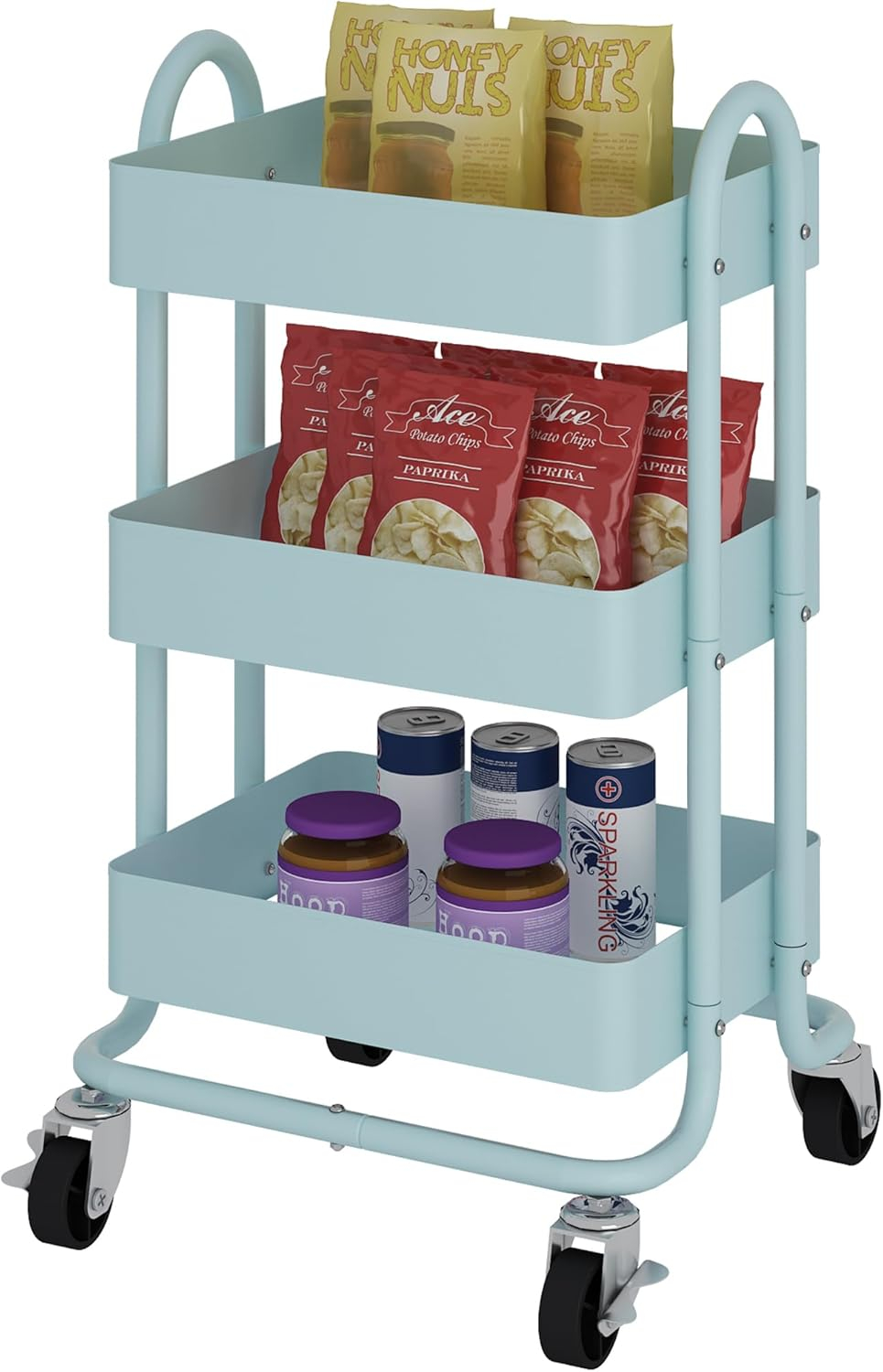 3-Tier Rolling Cart with Wheels,Kitchen Storage Carts or Metal Rolling Utility Cart with Handle,Movable Storage Organizer,Blue Carts for Nursery, Kitchen, Bathroom, Craft Room（13.4"x18.1"x31"）