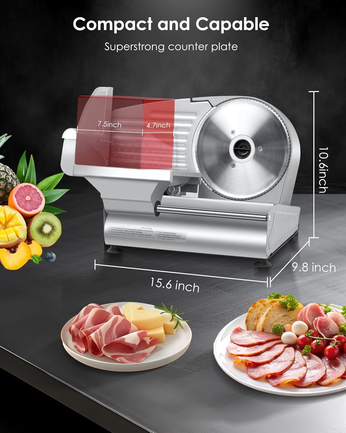 7.5" Electric Meat Slicer Machine for Home, with Stainless Steel Blade, 180 W, Adjustable Thickness, Easy to Clean, Food Slicer, Cuts Meat, Bread, Cheese and Deli, Sliver