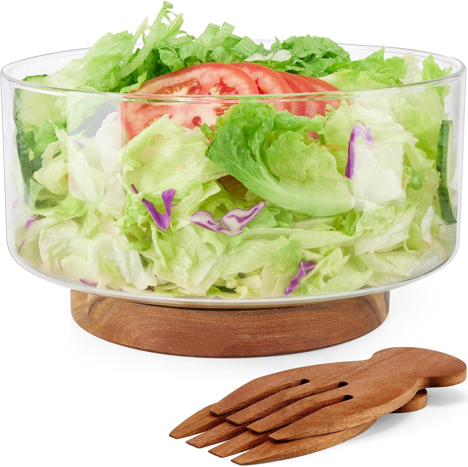 Large Salad Bowl Set, Glass Salad Bowl with Acacia Wood Base and Salad Serving Utensils, 150 oz Trifle and Fruit Bowl, Serving Bowls for Dessert, Popcorn, Chips, Pasta, Microwave & Dishwasher Safe