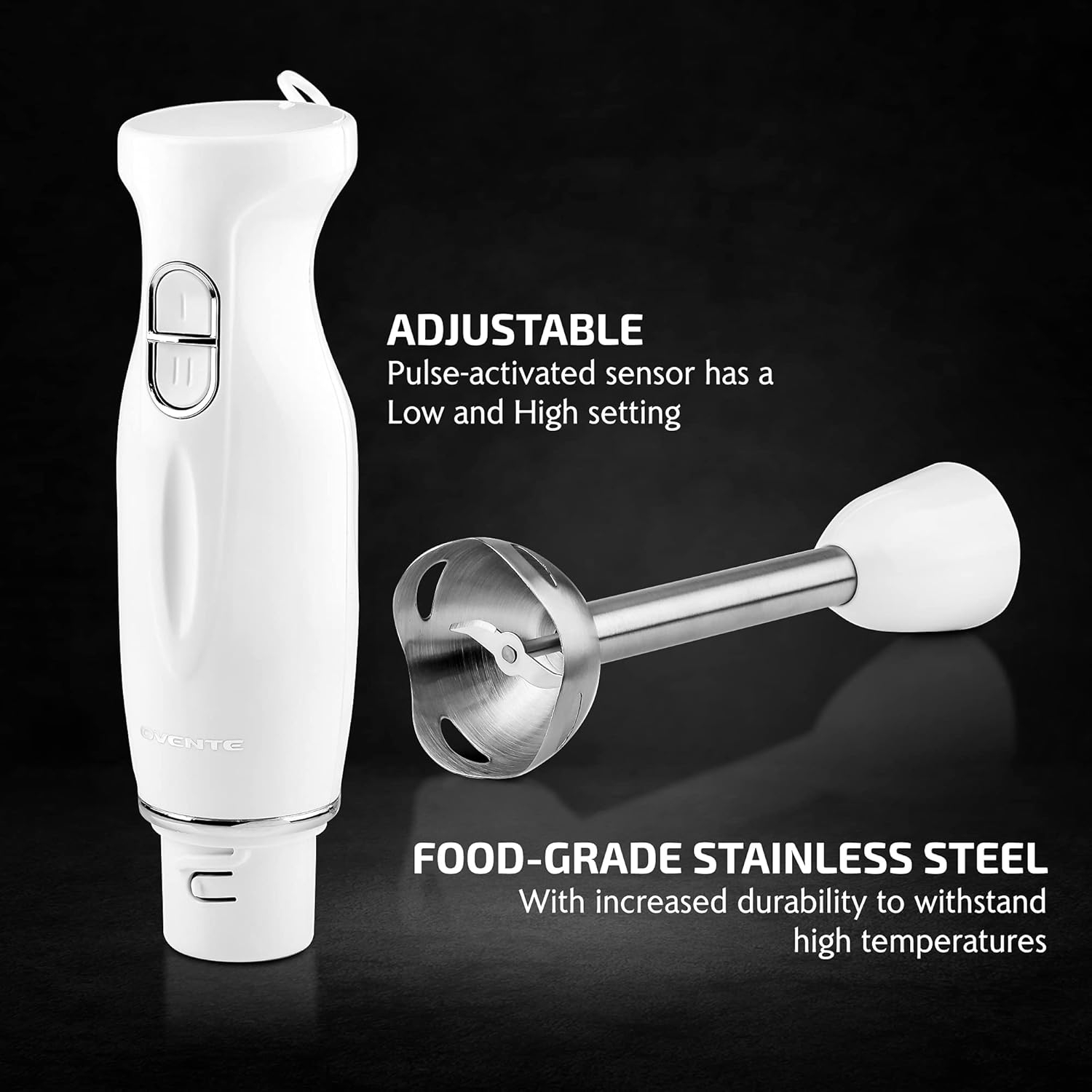 OVENTE Electric Immersion Hand Blender, 2 Mixing Speed w/ Stainless Steel Blades, White HS560W