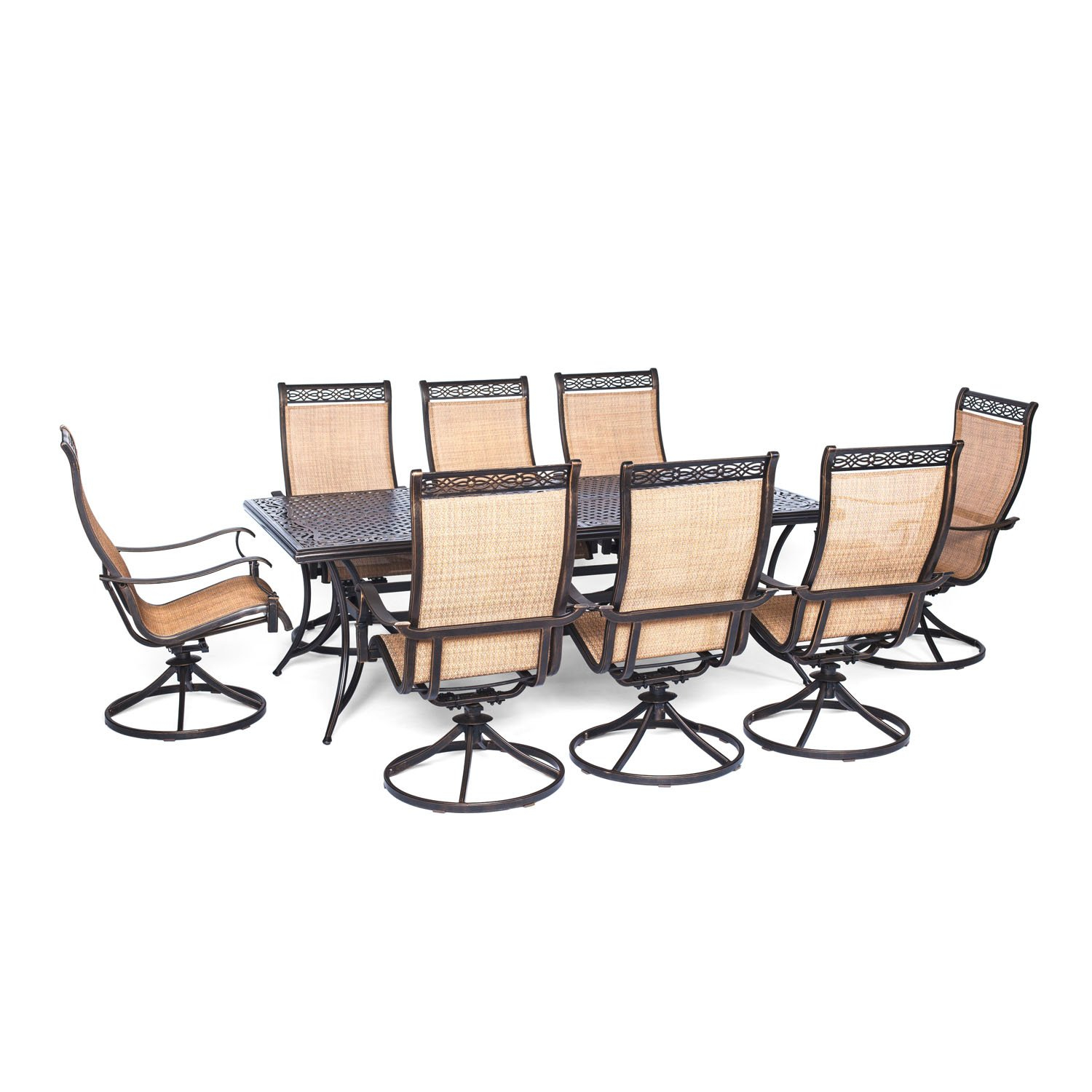 Hanover Outdoor Manor 9-Piece Outdoor Dining Set with 8 Swivel Rockers, Cedar/Bronze