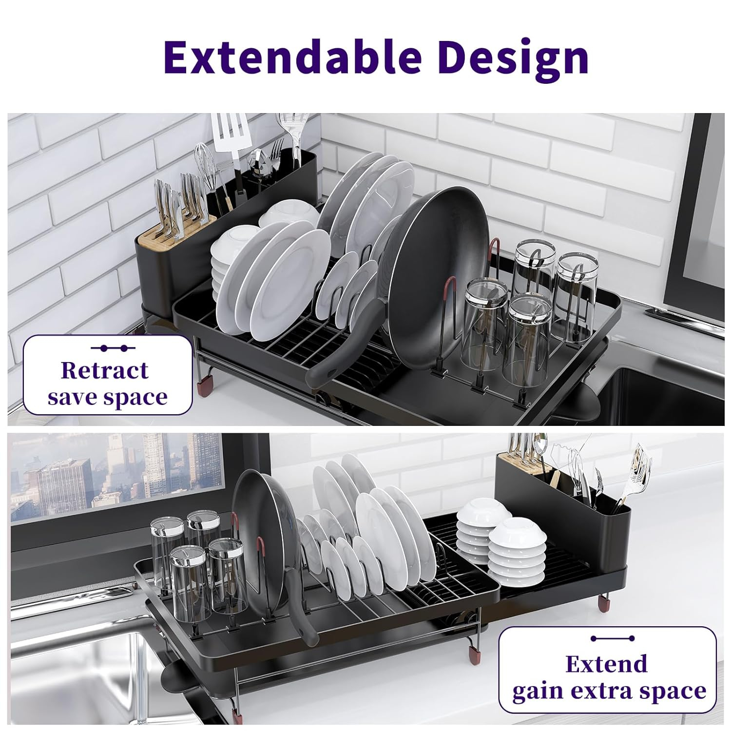 Dish Drying Rack, Extendable Dish Rack, Cutlery Holder, Knife Holder and Pot Holder