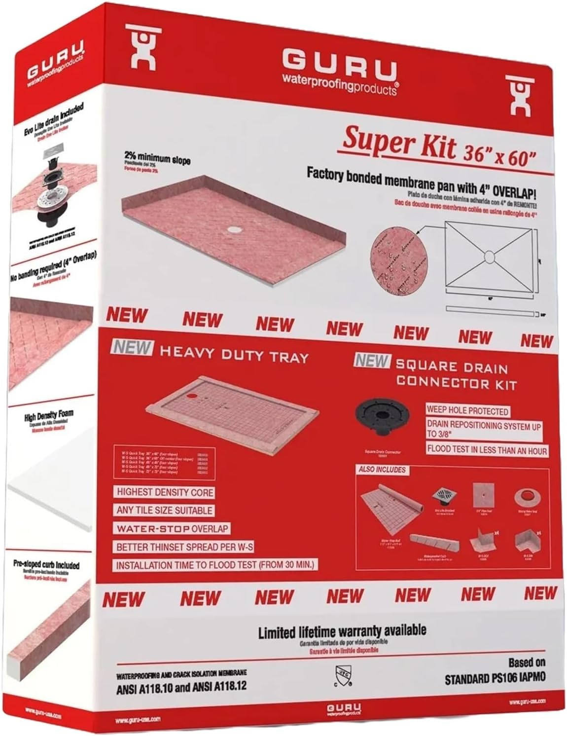 Guru Heavy Duty Red Square Shower Kit with Waterproof Membrane, 36" x 60"