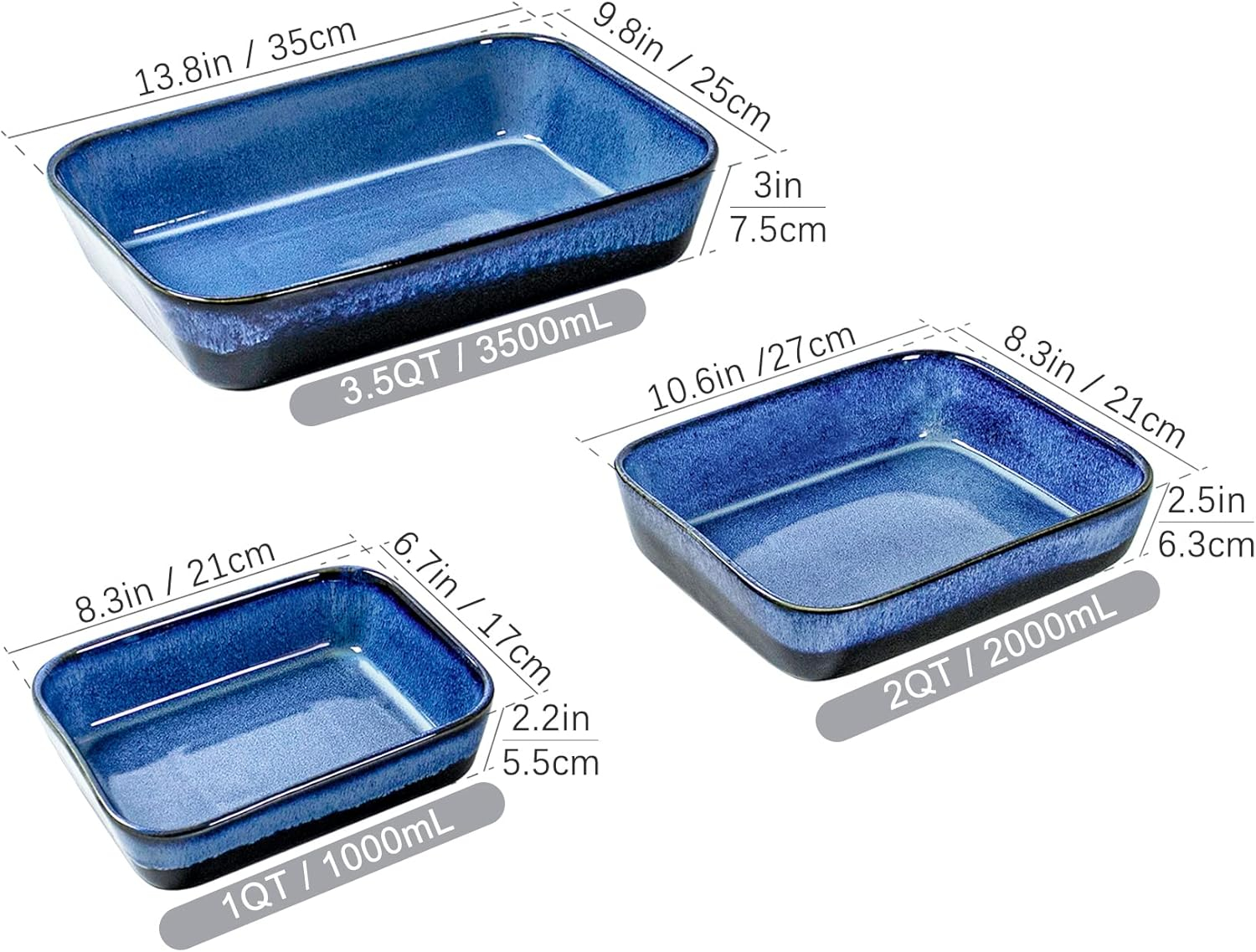 UNICASA Baking Dishes for Oven, Ceramic Casserole Dish Bakeware Set, 9x13 In Lasagna Pans, Blue Baker Dish for Cooking, Dinner - Reactive Glaze Blue