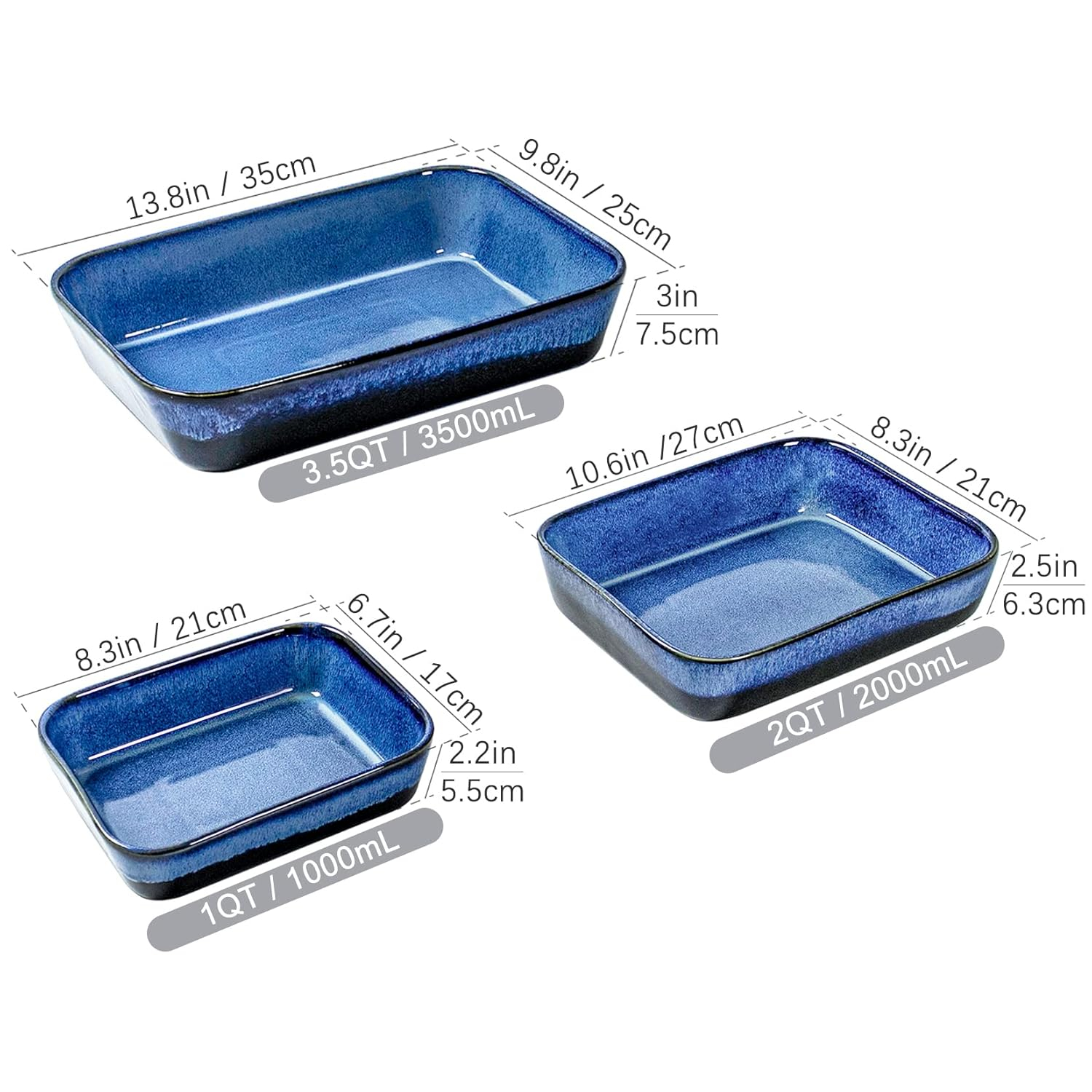 UNICASA Baking Dishes for Oven, Ceramic Casserole Dish Bakeware Set, 9x13 In Lasagna Pans, Blue Baker Dish for Cooking, Dinner - Reactive Glaze Blue