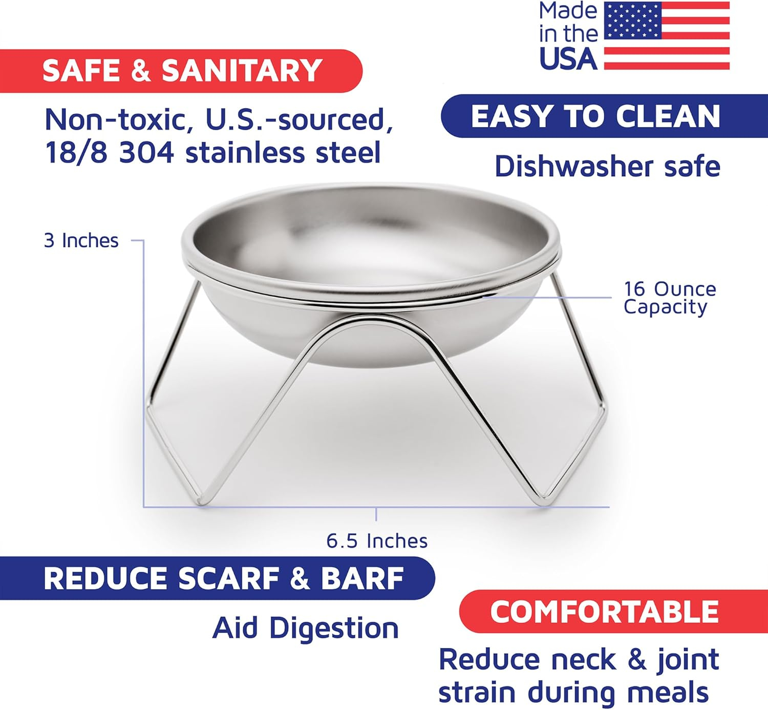 Raised Cat Bowl Stand for Food & Water by Americat – Made in USA – Stainless Steel, Spill-Proof Elevated Feeder, Dishwasher Safe, Human Grade, Whisker Friendly