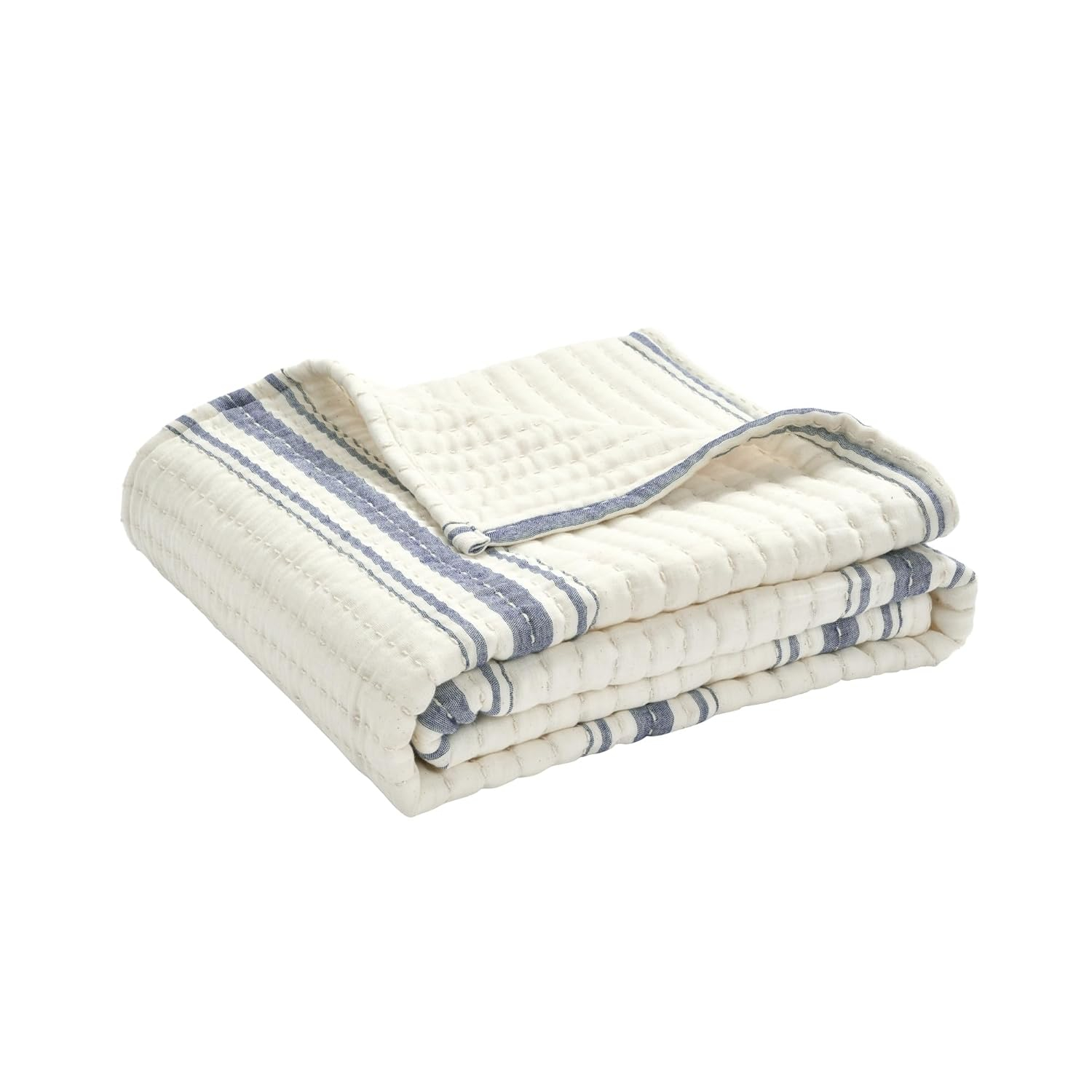 Lush Decor Farmhouse Stripe Kantha Pick Stich Yarn Dyed Cotton Woven Throw Reversible Ticking Pinstripe Design Blanket, 50" x 60", Navy