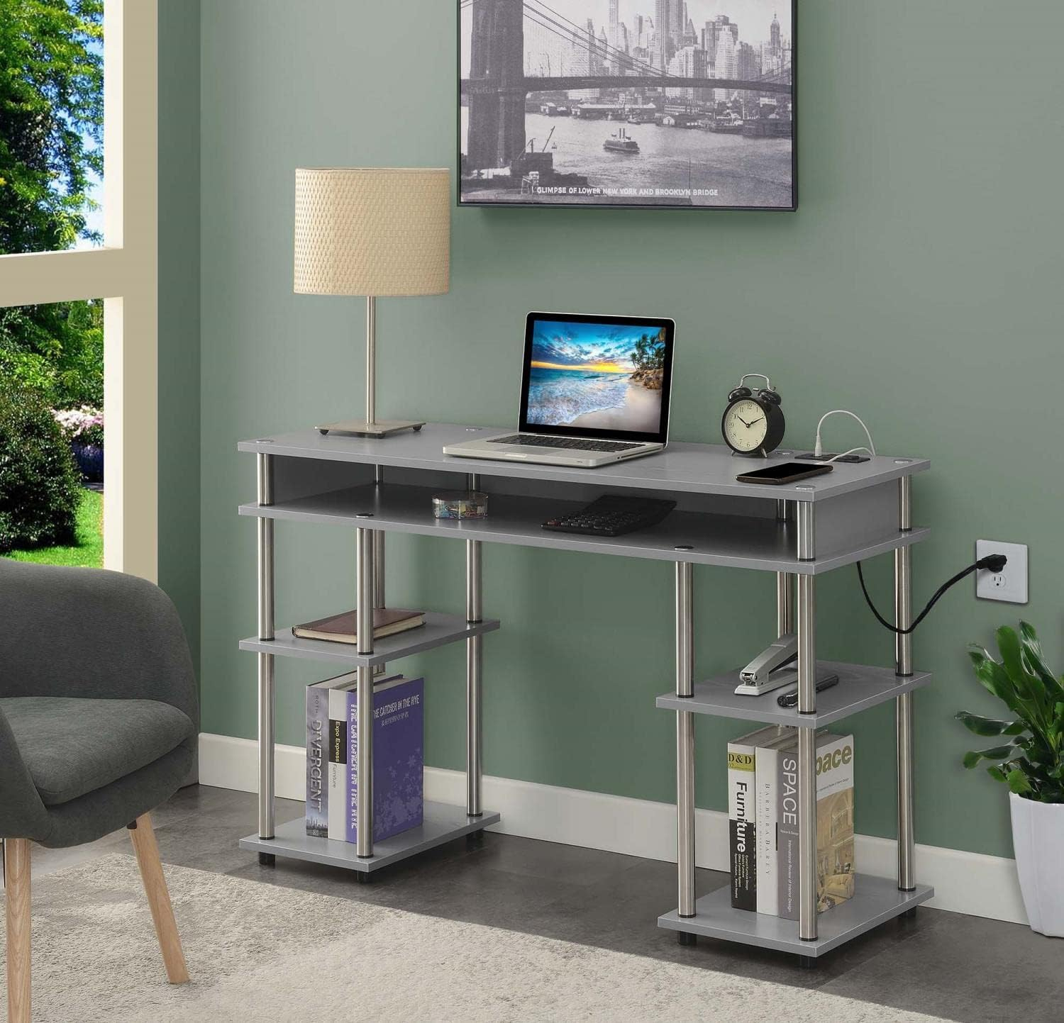 Adult, Designs2Go No Tools 30 inches Tall Student Desk w/ Charging Station and Shelves, Gray
