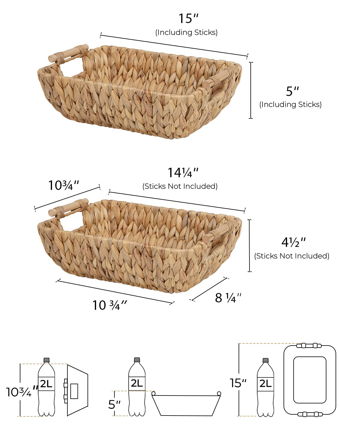 Natural Water Hyacinth Wicker Storage Baskets with Wooden Handles, 2-Pack