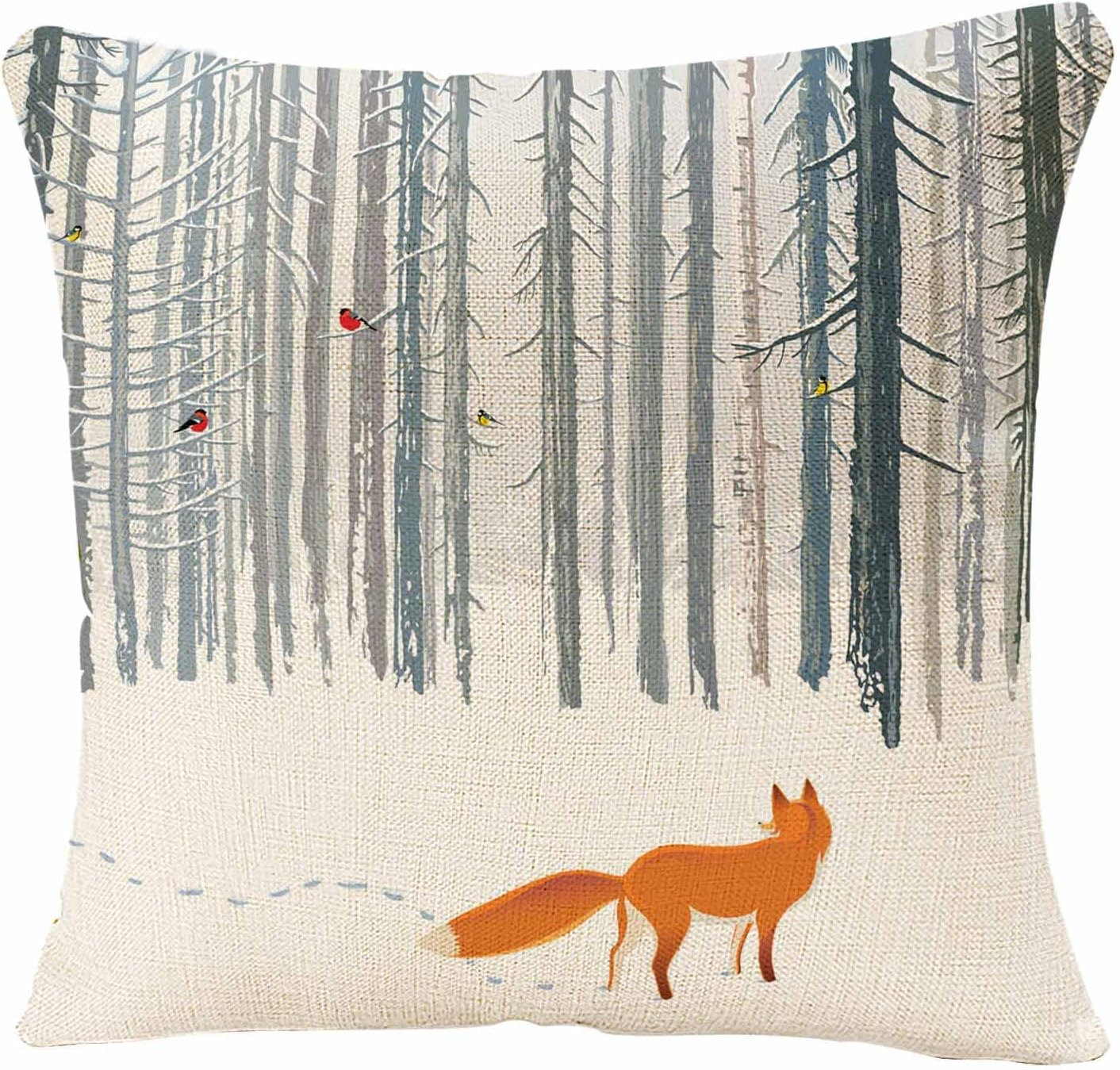 Throw Pillow Case Winter Forest Landscape Fox Bird Throw Pillow Covers Decorative Cushion Cover Sofa Bed Pillow Case 18 x 18 Inch
