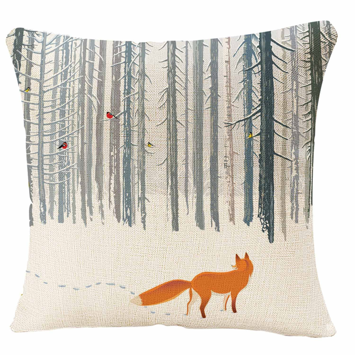 Throw Pillow Case Winter Forest Landscape Fox Bird Throw Pillow Covers Decorative Cushion Cover Sofa Bed Pillow Case 18 x 18 Inch