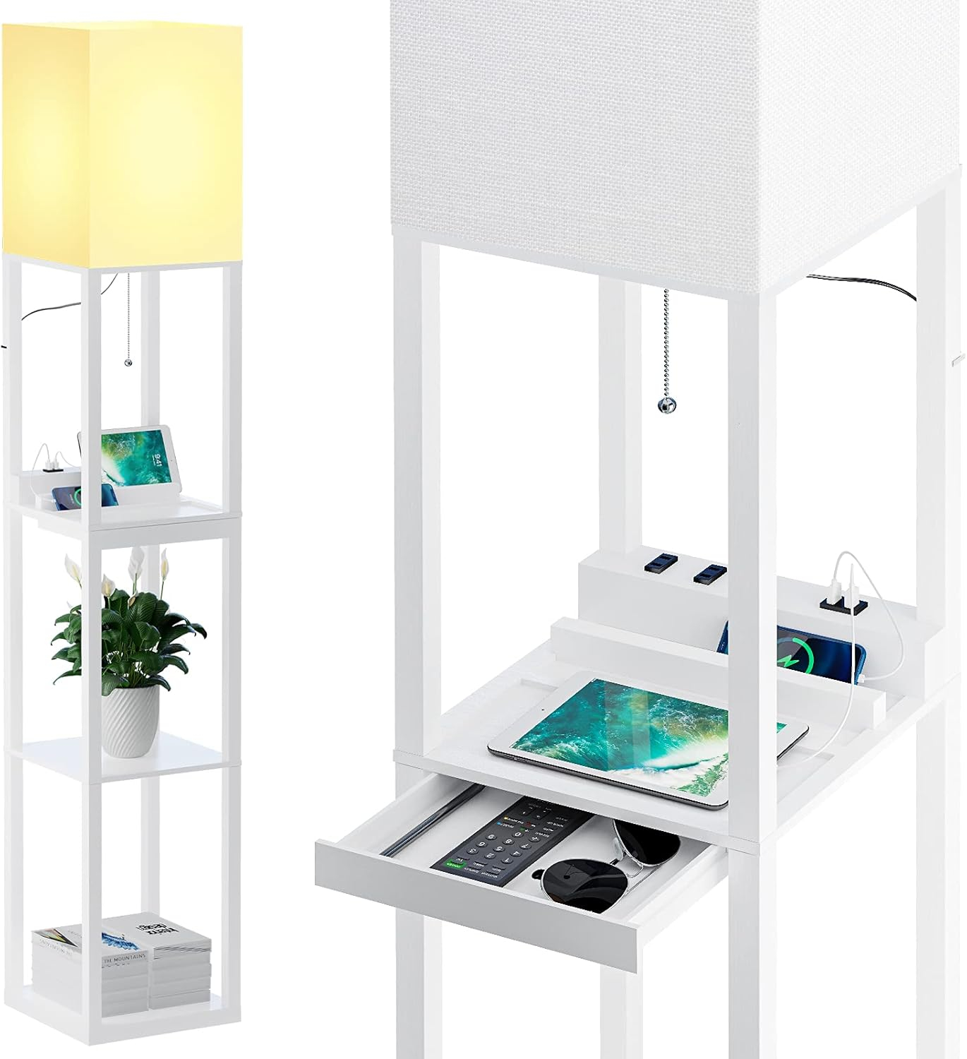 SUNMORY Floor Lamp with Shelves, Modern Dimmable Solid Wood Standing Lamp with 1 Drawer & 2 USB Ports & 2 Power Outlet, 3 Color Temperatures LED Bulb, Corner Tall Bookshelf Lamp for Living Room