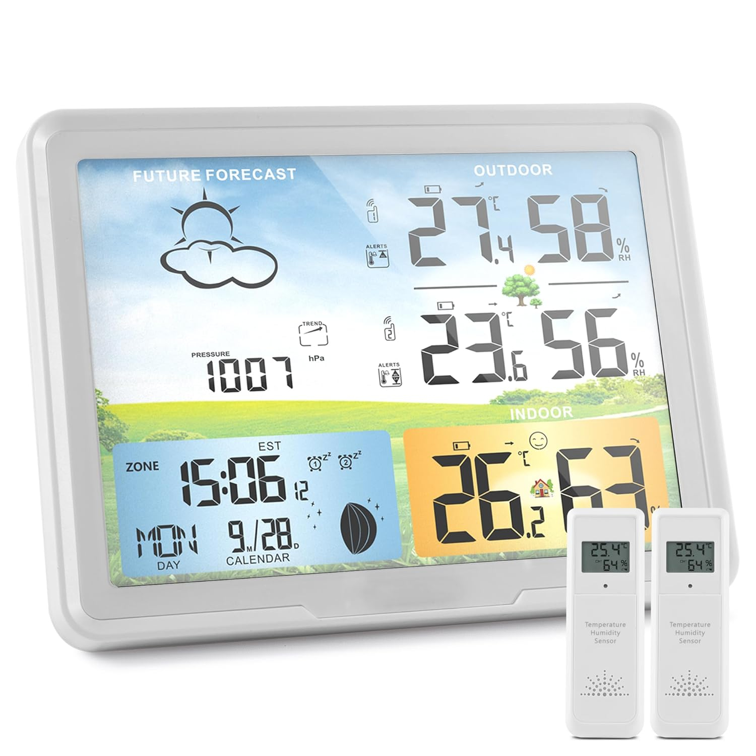 Wireless Indoor Outdoor Thermometer: Home Weather Station, Portable Digital Weather Clock Atomic with Bluetooth Color Forecast, Multiple Sensors Weather Monitor and Alarm (1 Remote)