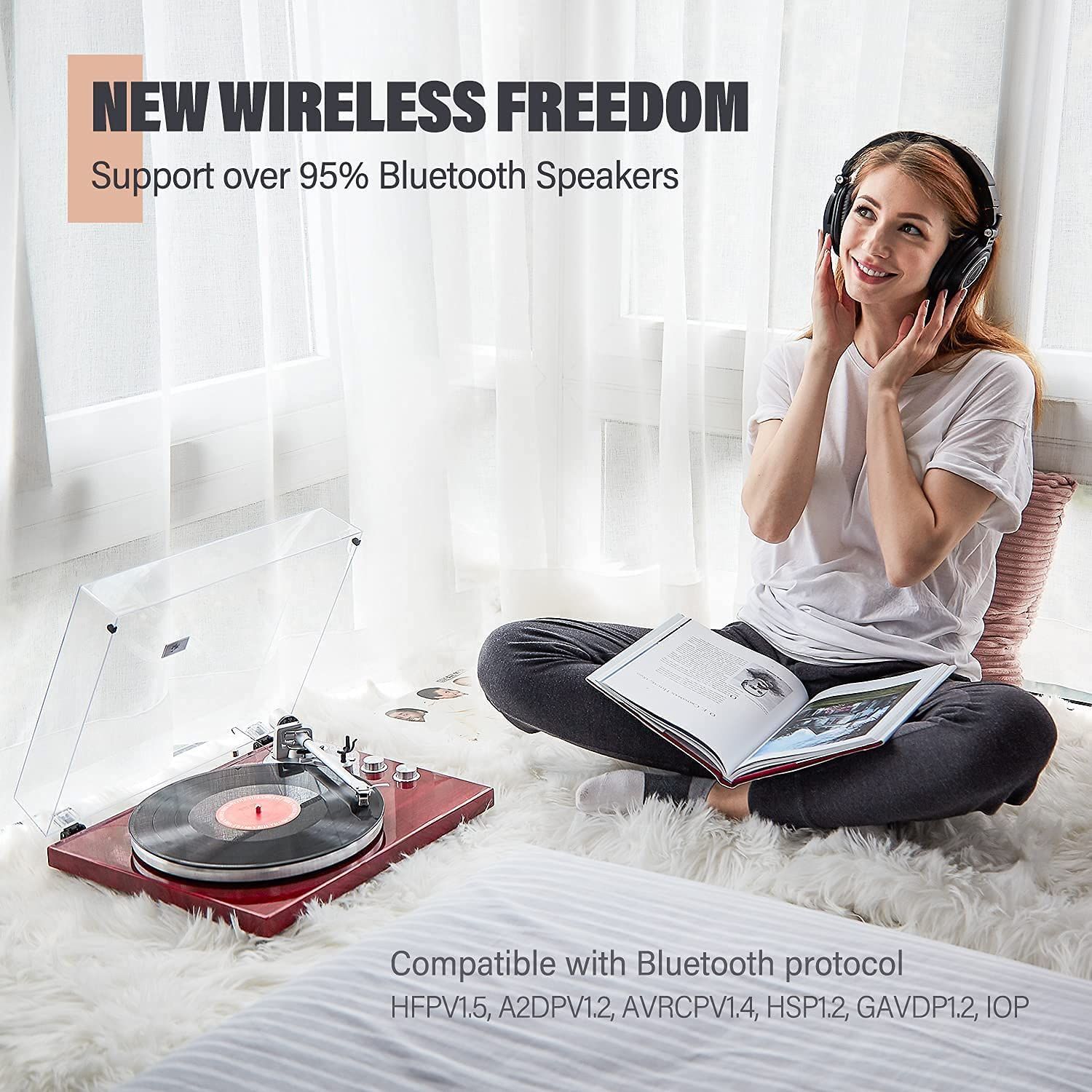 Vinyl Record Player Belt-Drive Turntable for Vinyl Records with Bluetooth Connectivity, USB Digital Output, Magnetic Cartridge & Adjustable Counterweight, AT-3600L, 33 or 45 RPM, M485-Red