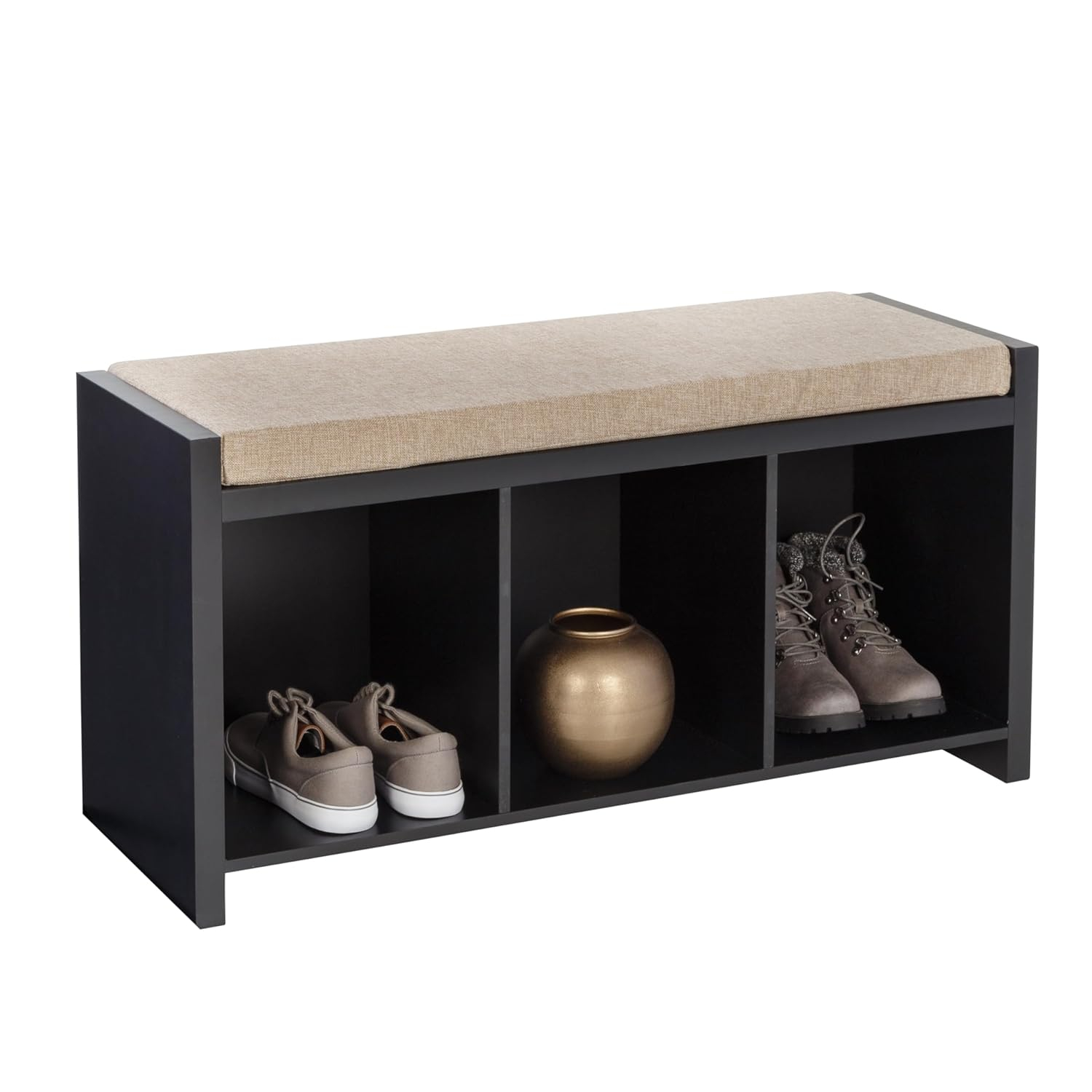 Honey-Can-Do Wood 3-Cubby Shoe Storage Organizer Bench with Cushion, Black/Tan