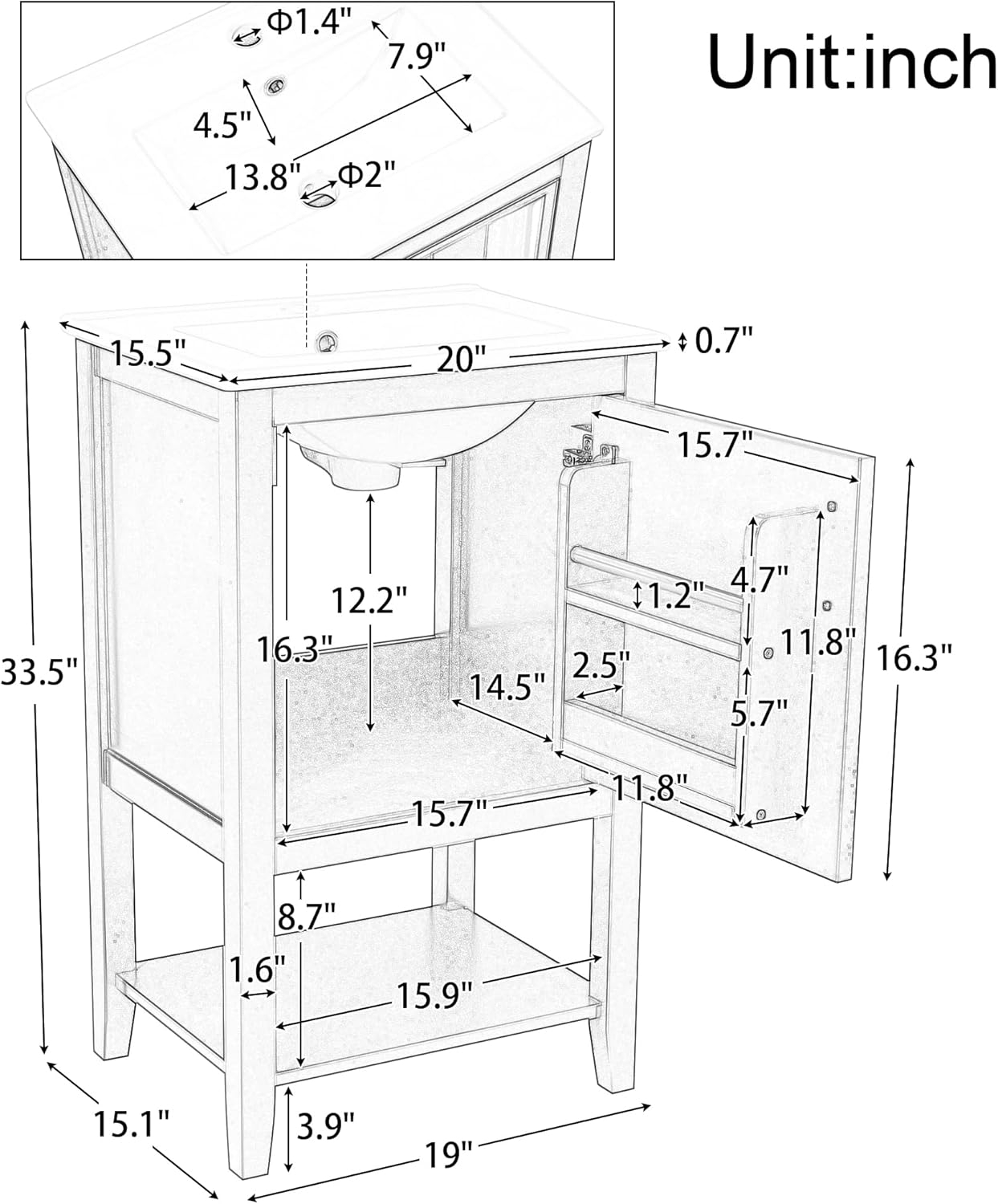 Bellemave 20" Small Bathroom Vanity with Sink, Modern Bathroom Storage Cabinet with Door and Storage Rack, Free Standing Single Basin Vanity with Open Shelf, Undermount Ceramic Sink（Grey）