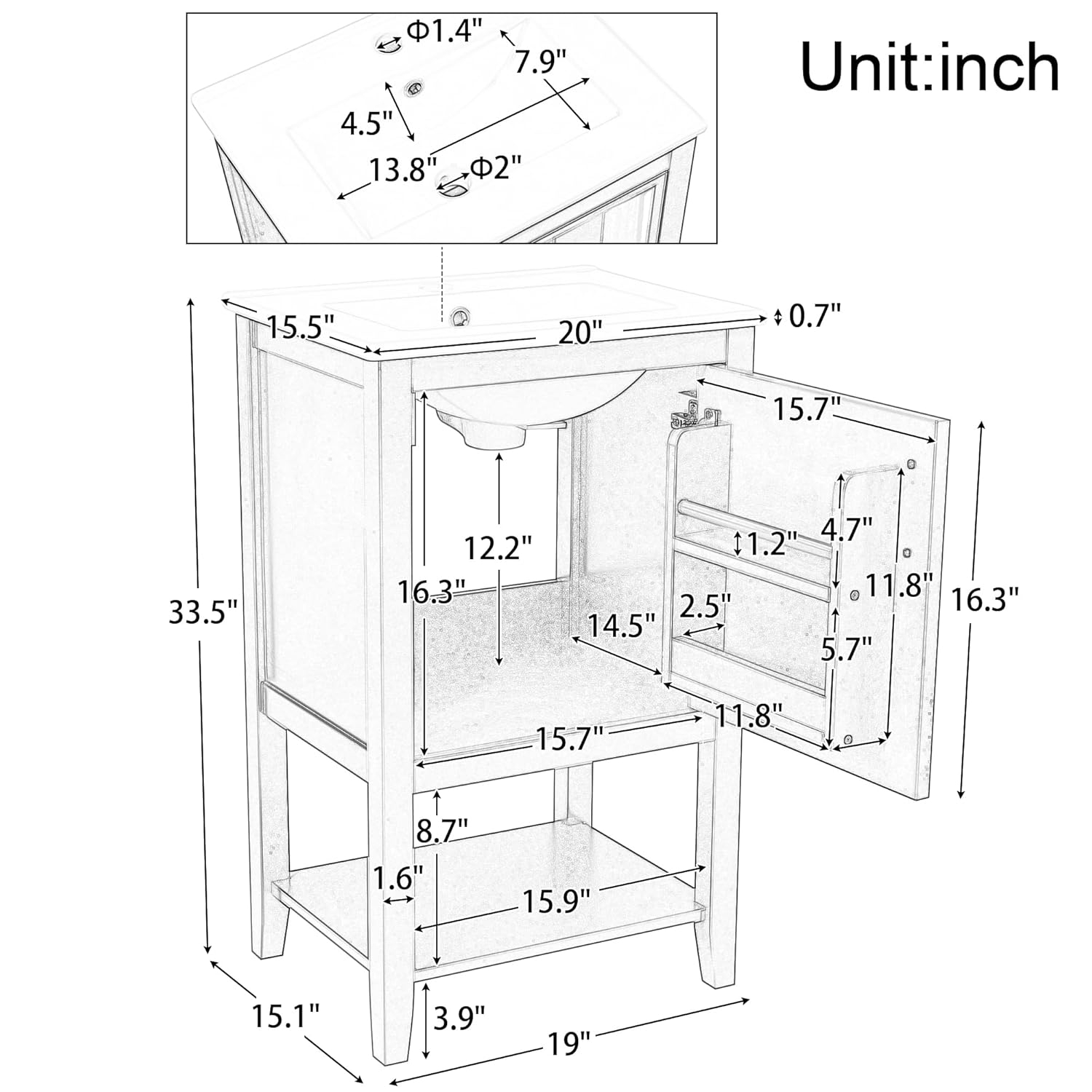 Bellemave 20" Small Bathroom Vanity with Sink, Modern Bathroom Storage Cabinet with Door and Storage Rack, Free Standing Single Basin Vanity with Open Shelf, Undermount Ceramic Sink（Grey）