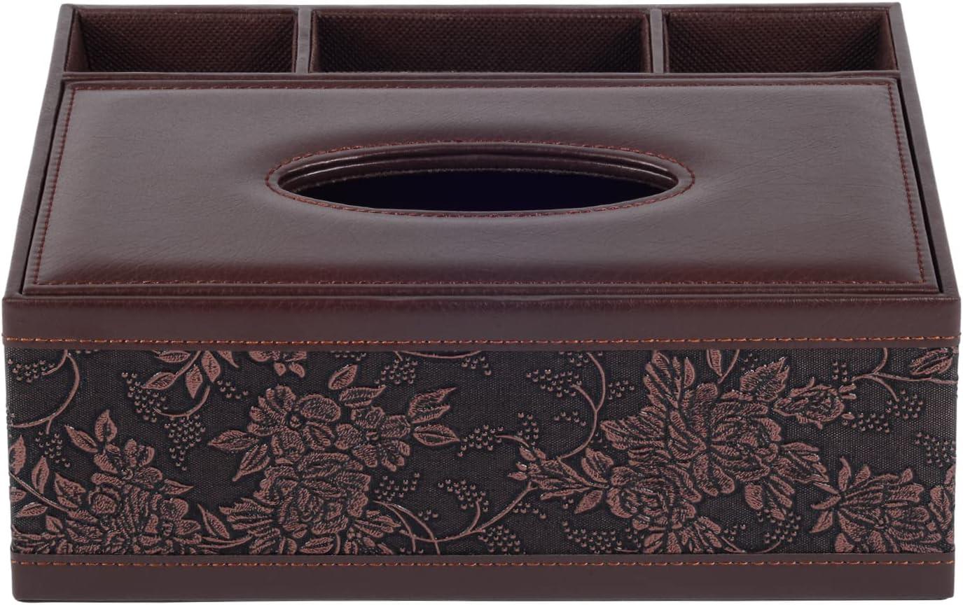 Multifunction PU Leather Tissue Box Holder/Cover Rectangular Upgrade Large Size Stationery Napkin Remote Control Storage Box,Facial Tissue Dispenser Organizer Caddy Home Office Supplies (Retro)