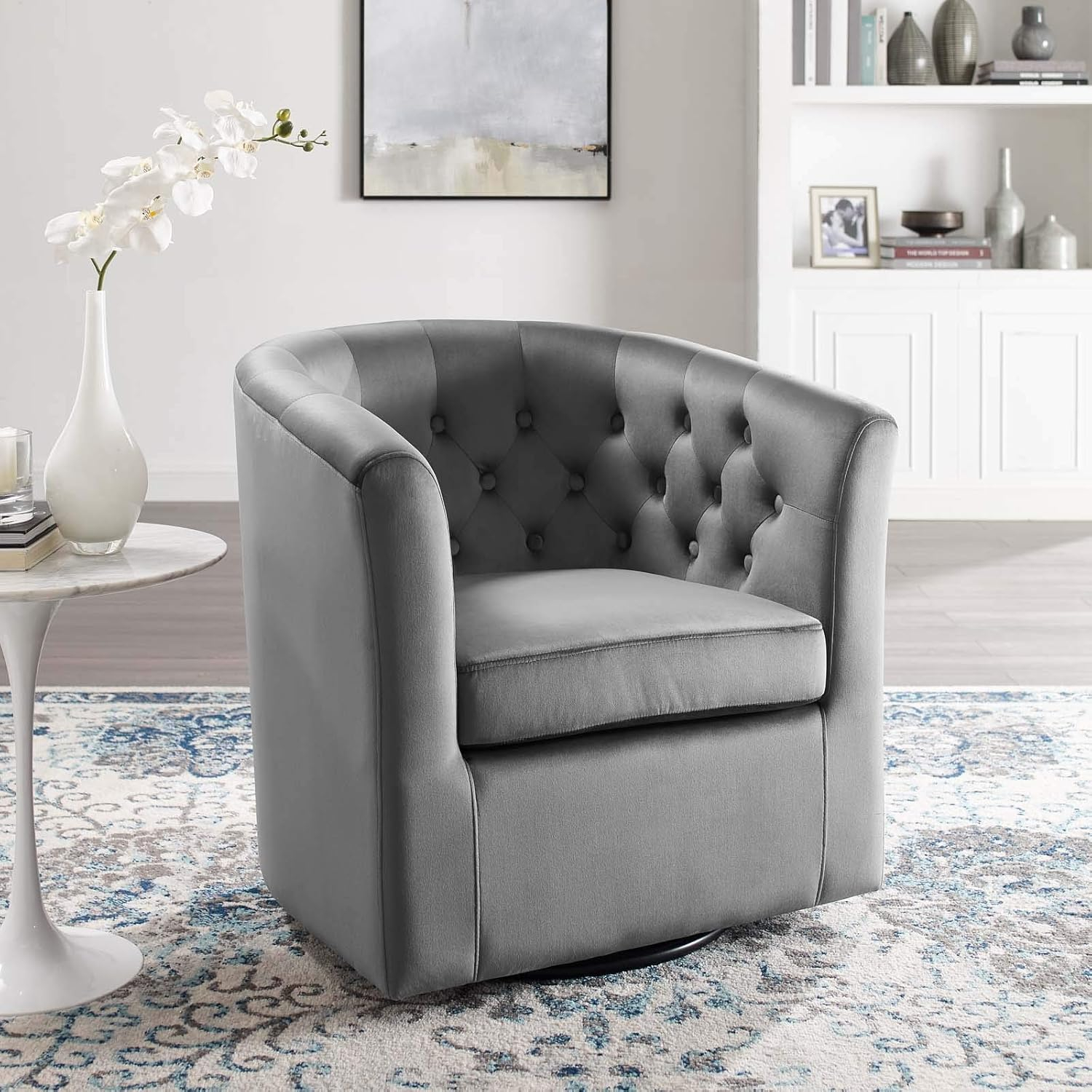 Modway Prospect Tufted Performance Velvet Swivel Armchair in Light Gray