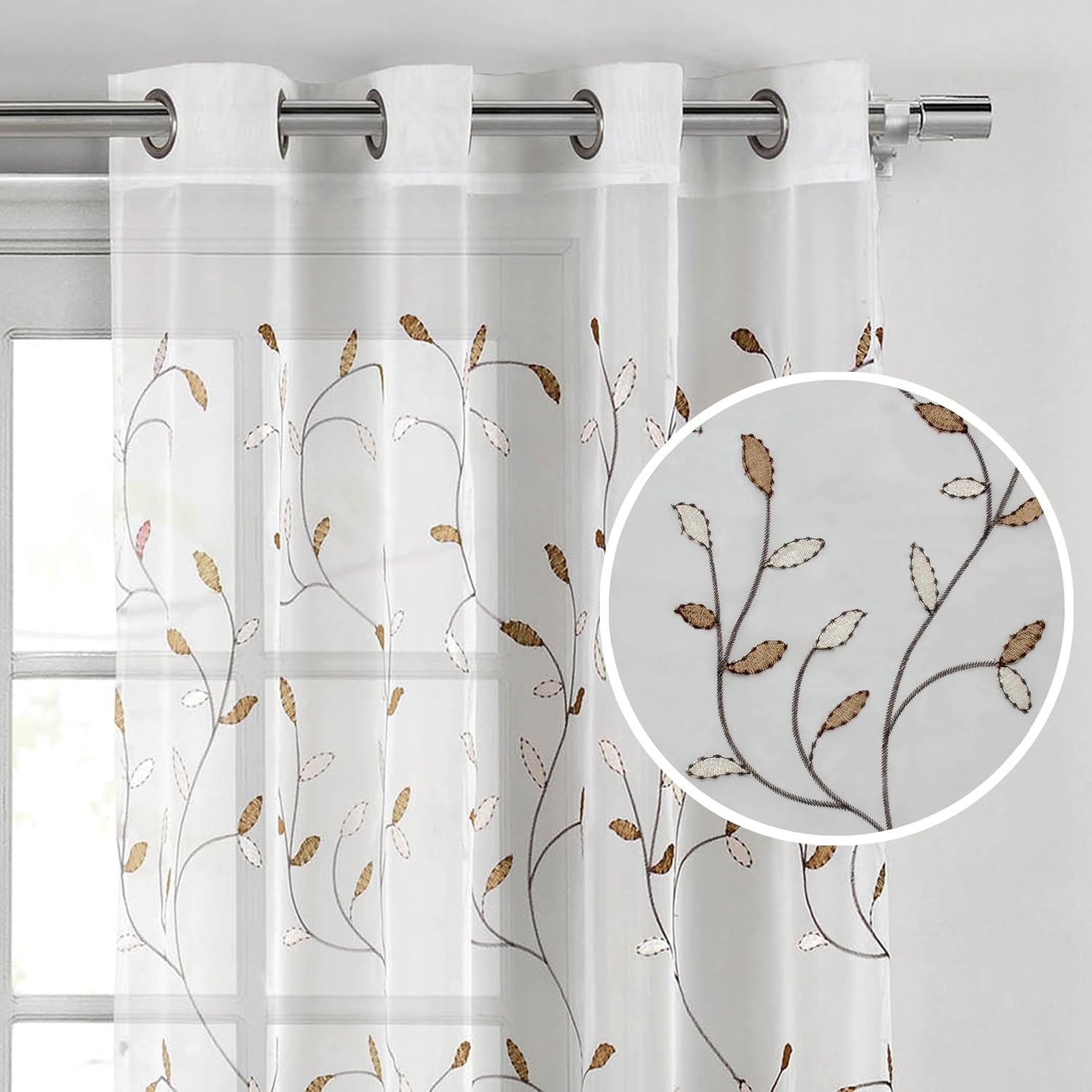 Grommet Curtain Panel, Embroidered Sheer Extra-Wide, Beige 54" x 84"