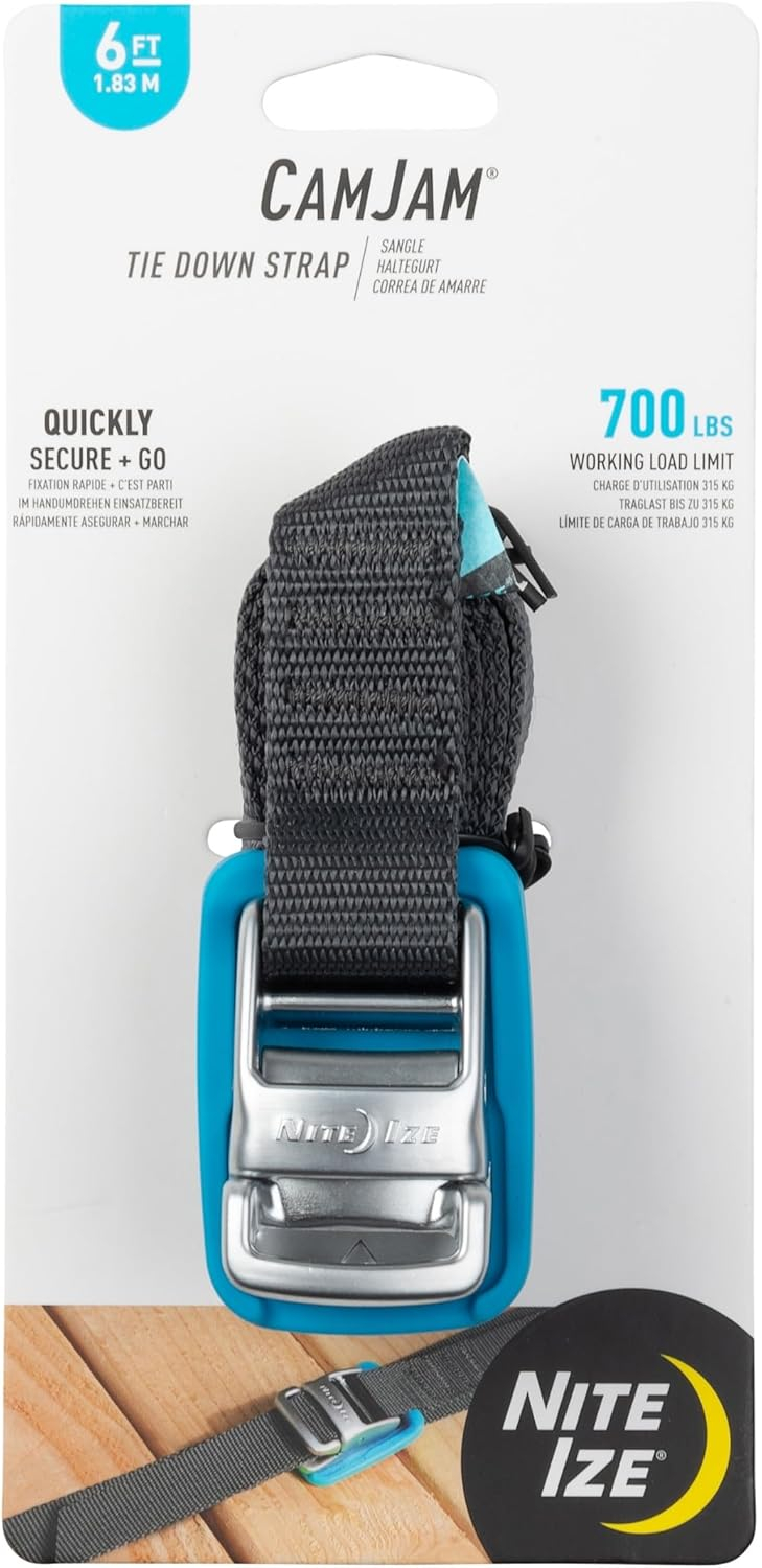 Nite Ize CamJam Tie Down Strap - Tie Down Ratchet Straps - Straps for Trucks & Cars - Tie Downs for Luggage, Camping Gear & Other Loads - Moving Supplies - 6 ft Strap, Blue (Pack of 1)