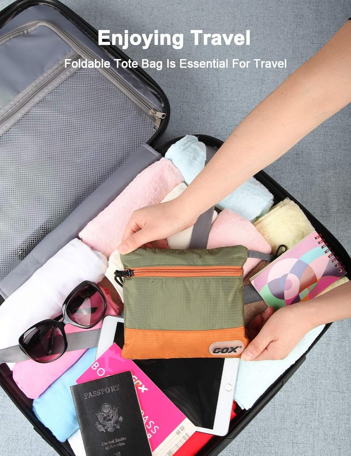 GOX Large Foldable Travel Duffel Bag Packable Tote Bag Carry on Luggage Weekender Overnight Bag Lightweight (Green&Orange)