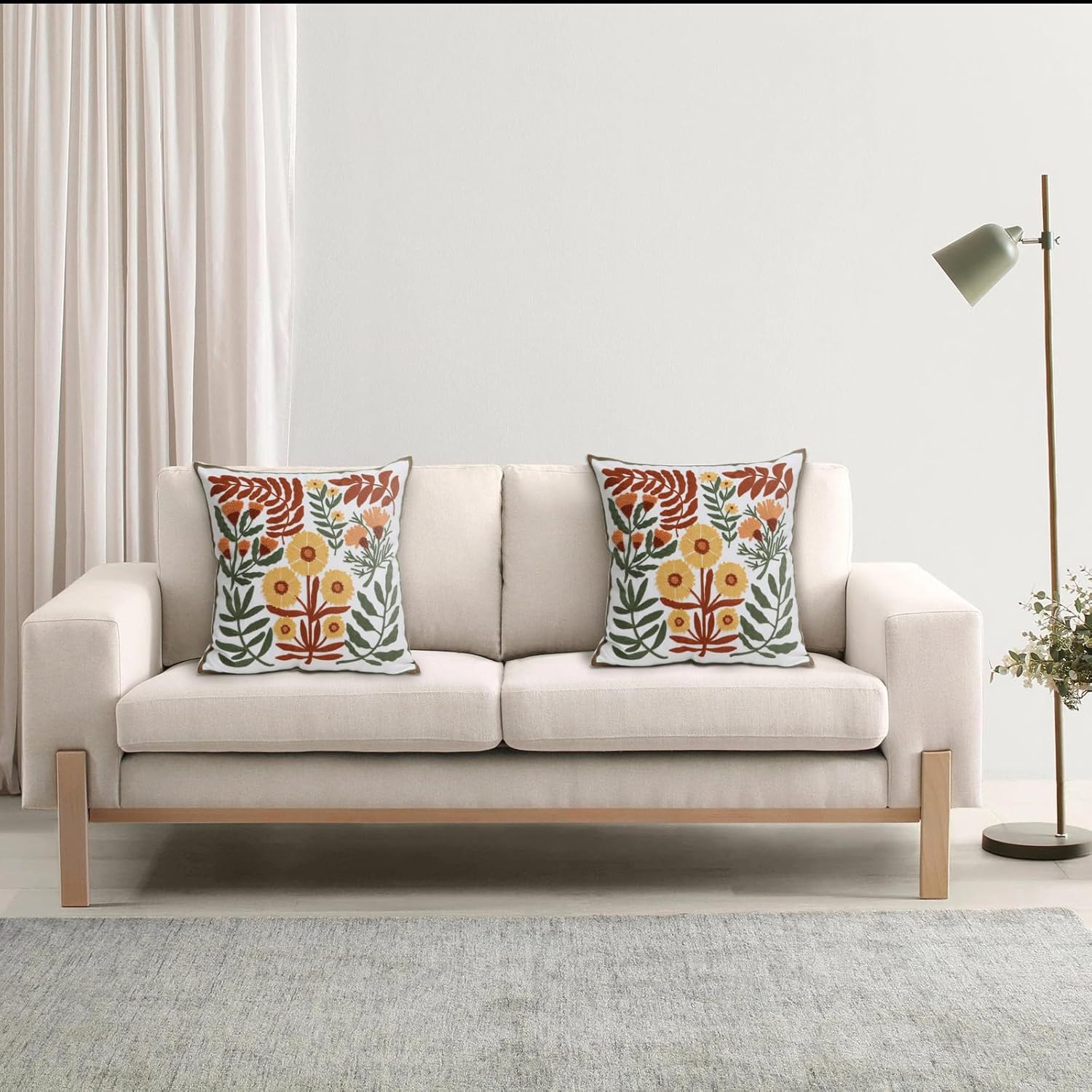Set of 2 Embroidered Decorative Throw Pillow Covers Couch Square Pillowcases Cushion for Bedroom Sofa Farmhouse Decor 18x18 Inch (Dandelion Flower)