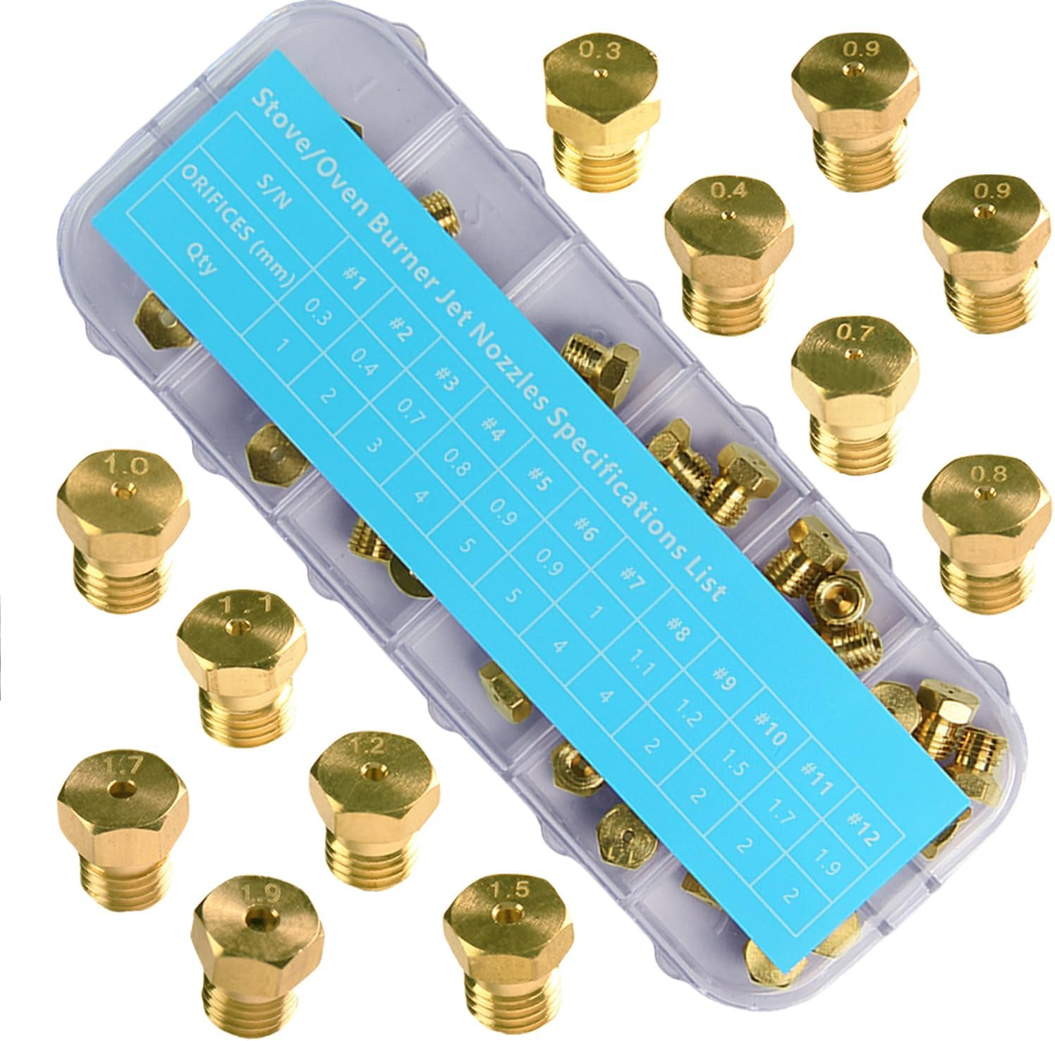 36Pcs Range Stove Oven Orifice Conversion Kit, Propane Lp Natural Gas Brass Jet Burner Nozzle Replacement Parts M6x0.75 mm Gas Spray Tip 0.3/0.4/0/7/0.8/0.9/1.0/1.1/1.2/1.5/1.7/1.9mm