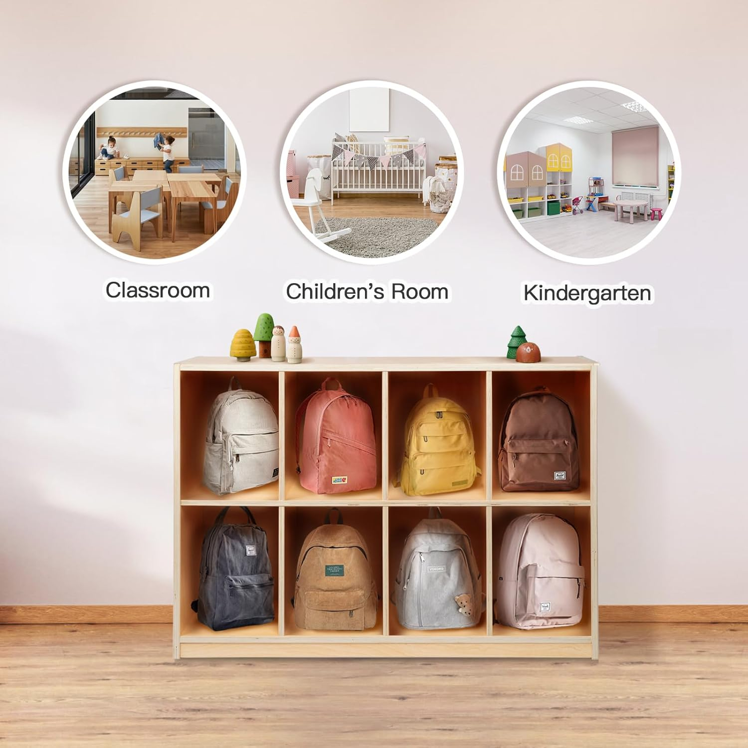 8-Compartment Backpack Wooden Storage Cabinet - Kids Toy Storage Organizer - Bookshelf for Classroom, Playroom, Kindergarten, Living Room, Office