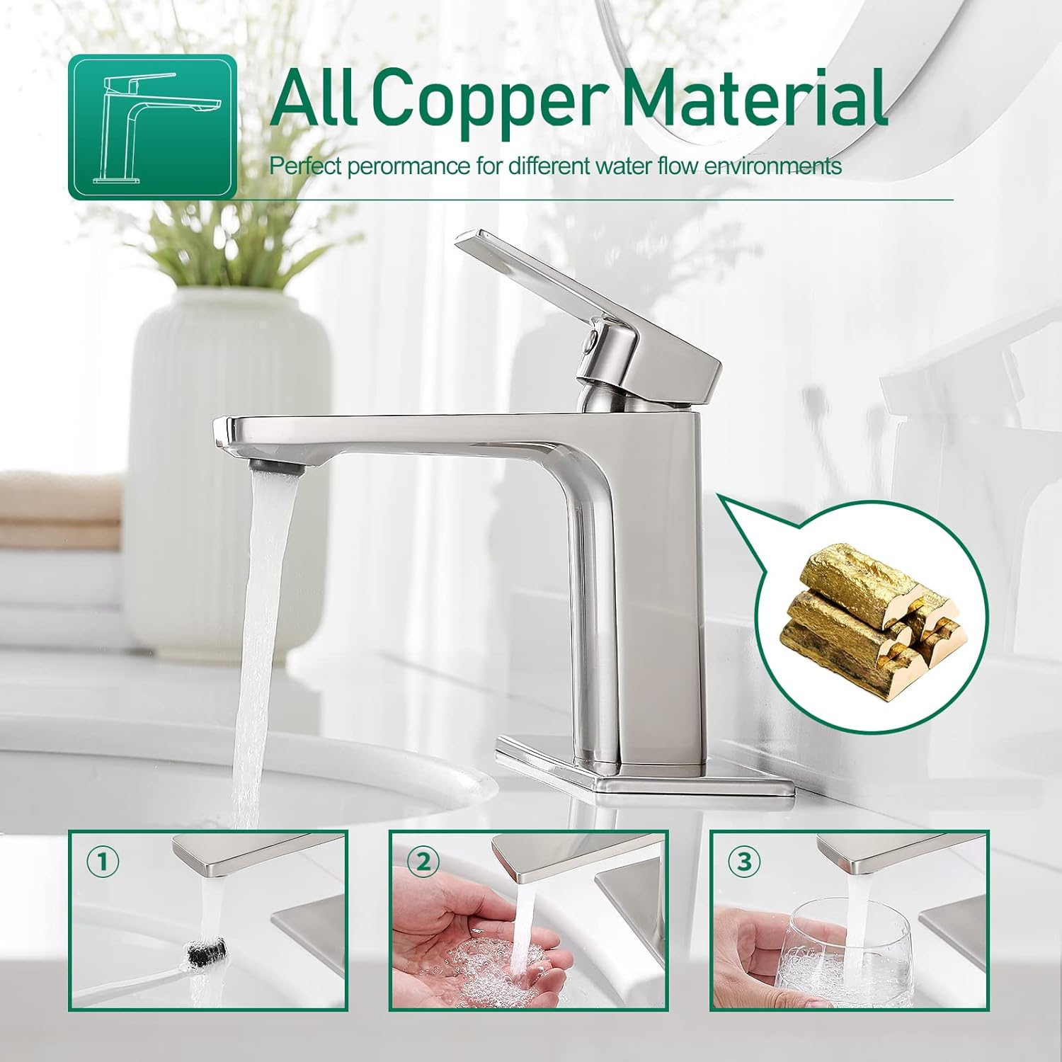 VOTON Brass Bathroom Faucet, Brushed Nickel Finish, Single Handle, 1 or 3 Hole Installation, Pop-up Drain, Flexible Hoses