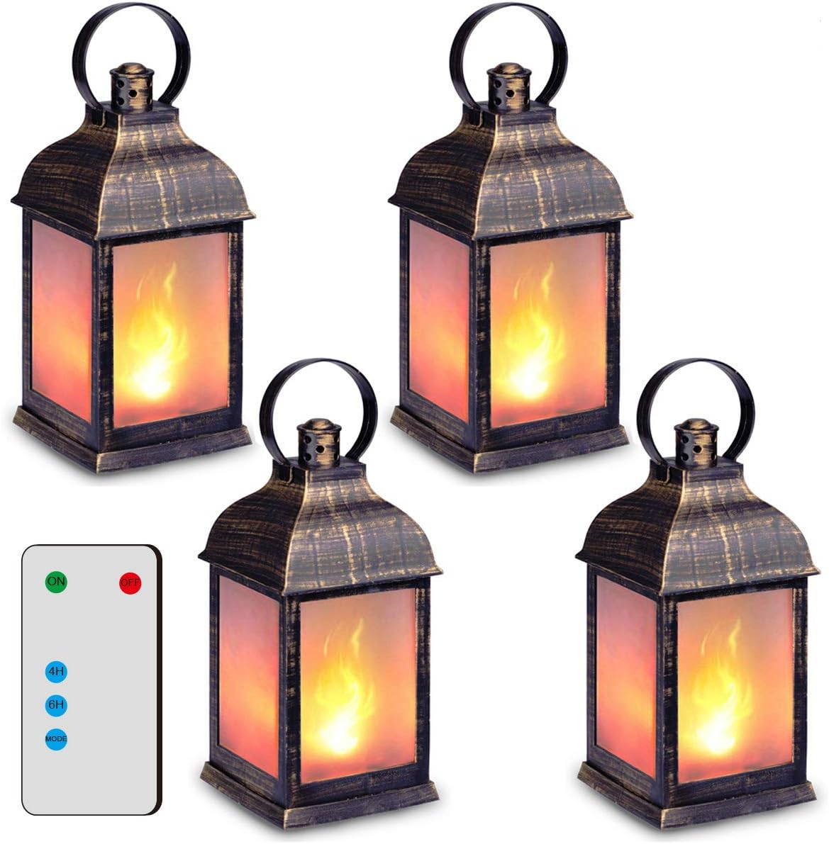 ZKEE Vintage Style Decorative Lanterns, Flame Effect LED - Golden Brushed Black, Timer (Set of 4)
