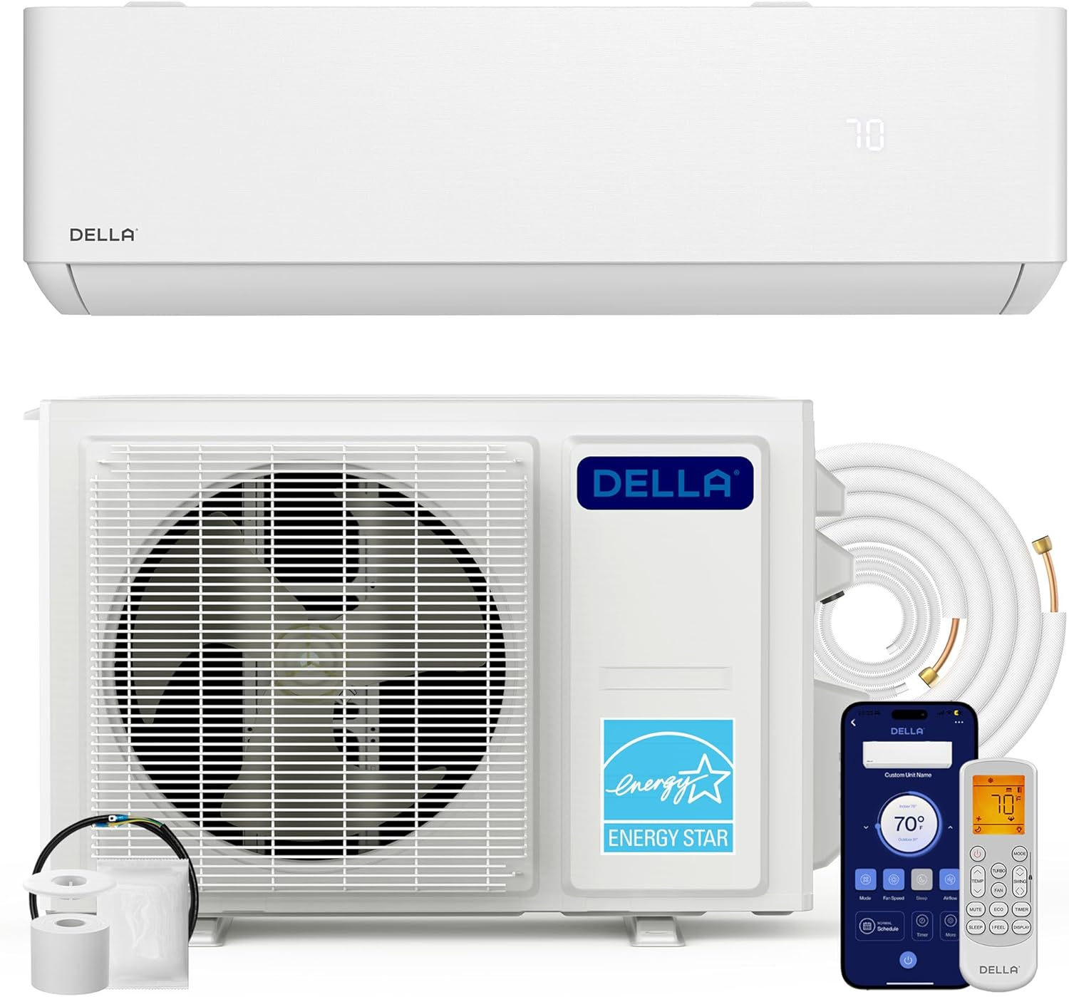 DELLA Optima Series 9000 BTU Wifi Mini Split, Work w/ Alexa,Energy Star 208/230V 23.5 SEER2 Cools Up to 400 Sq.Ft Inverter Air Conditioner w/0.75 Ton Pre-Charged Heat Pump & 16.4ft Installation Kits