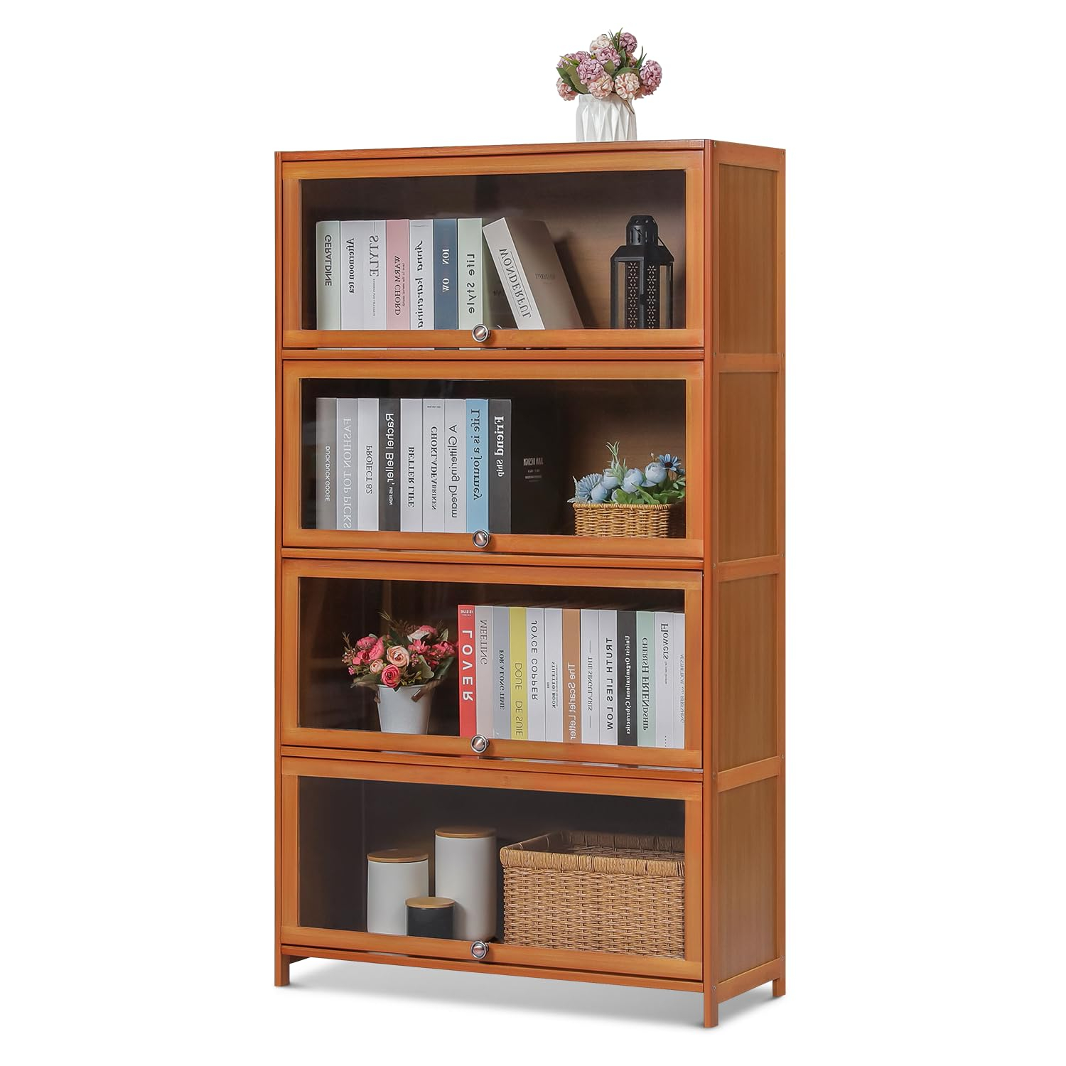 Magshion Bamboo/Acrylic 3 Shelves Bookshelf, with Transparent Door Bookcase, Brown, for Home