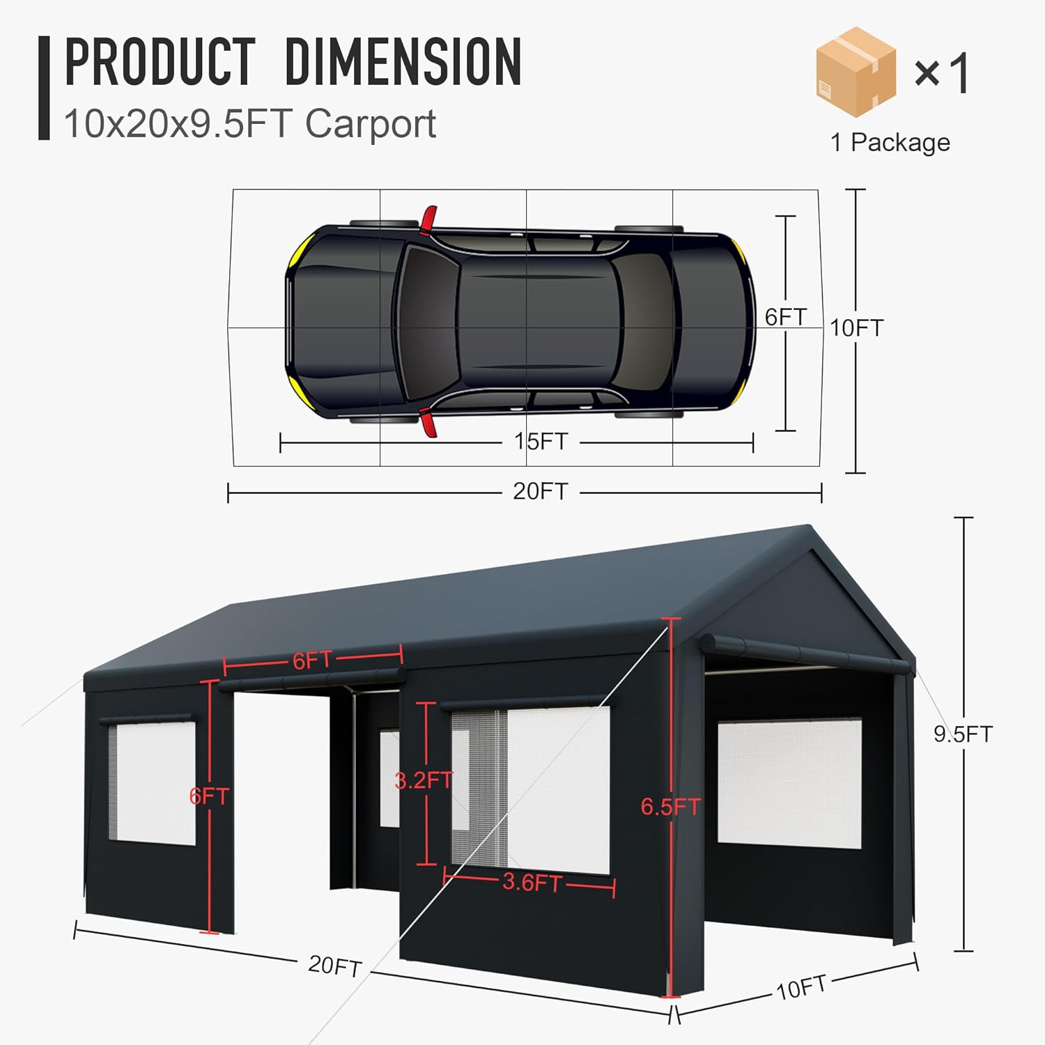 10x20ft Carport Portable Garage, Heavy Duty Carport Canopy with 2 Rolling Doors and 4 Ventilation Windows for Cars, Trucks, Boats, Garden Tools