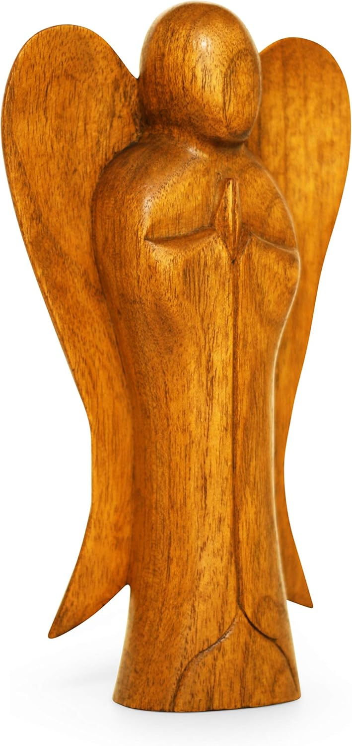 Hand Carved Suar Wood Praying Angel Statue - 10" Tall