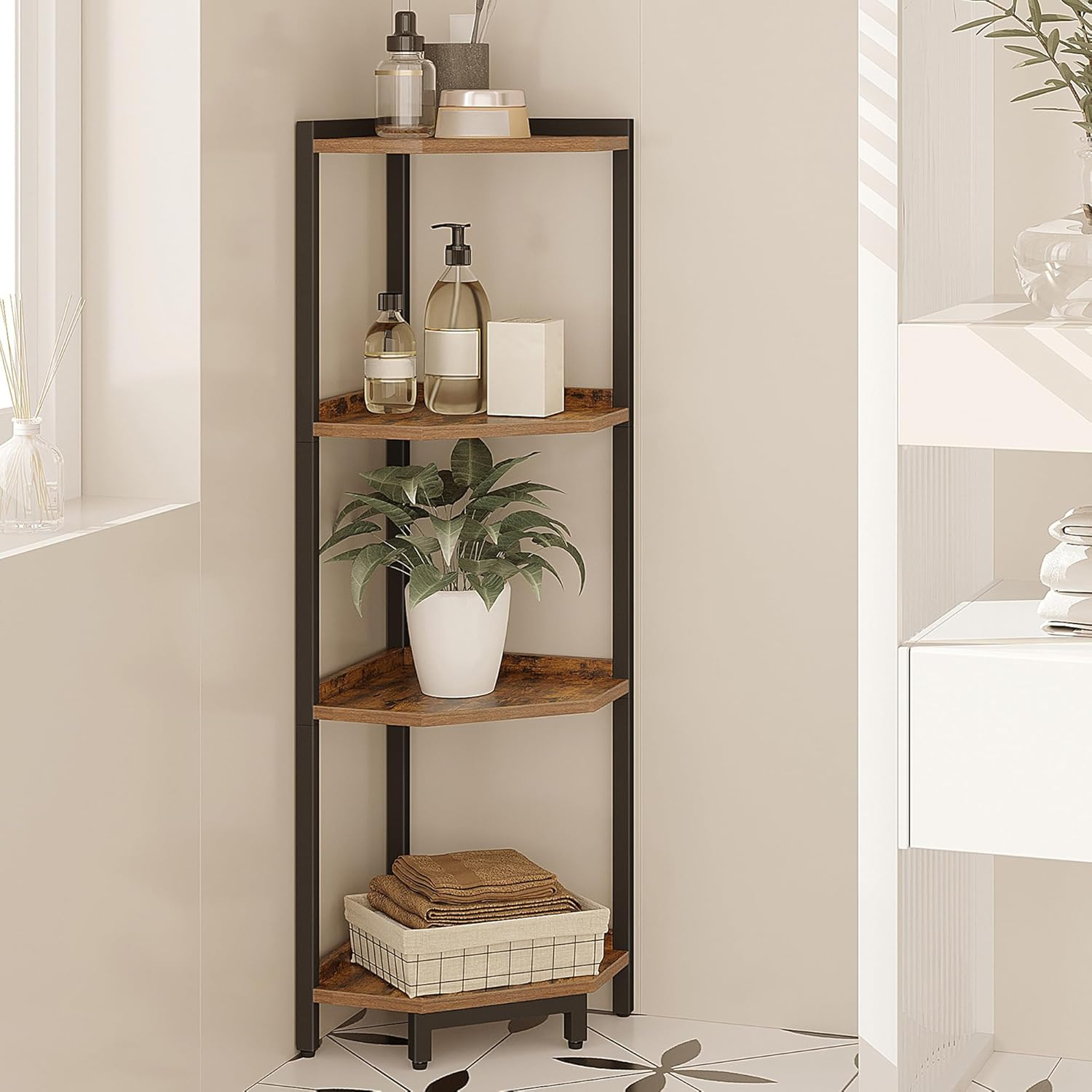 Corner Shelf Stand, Corner Bookshelf, Storage Standing Shelf Unit with Metal Frame, Plant Stand, Corner Bookcase for Living Room, Home Office, Bedroom, 4-Tier Rustic Brown CS05801B