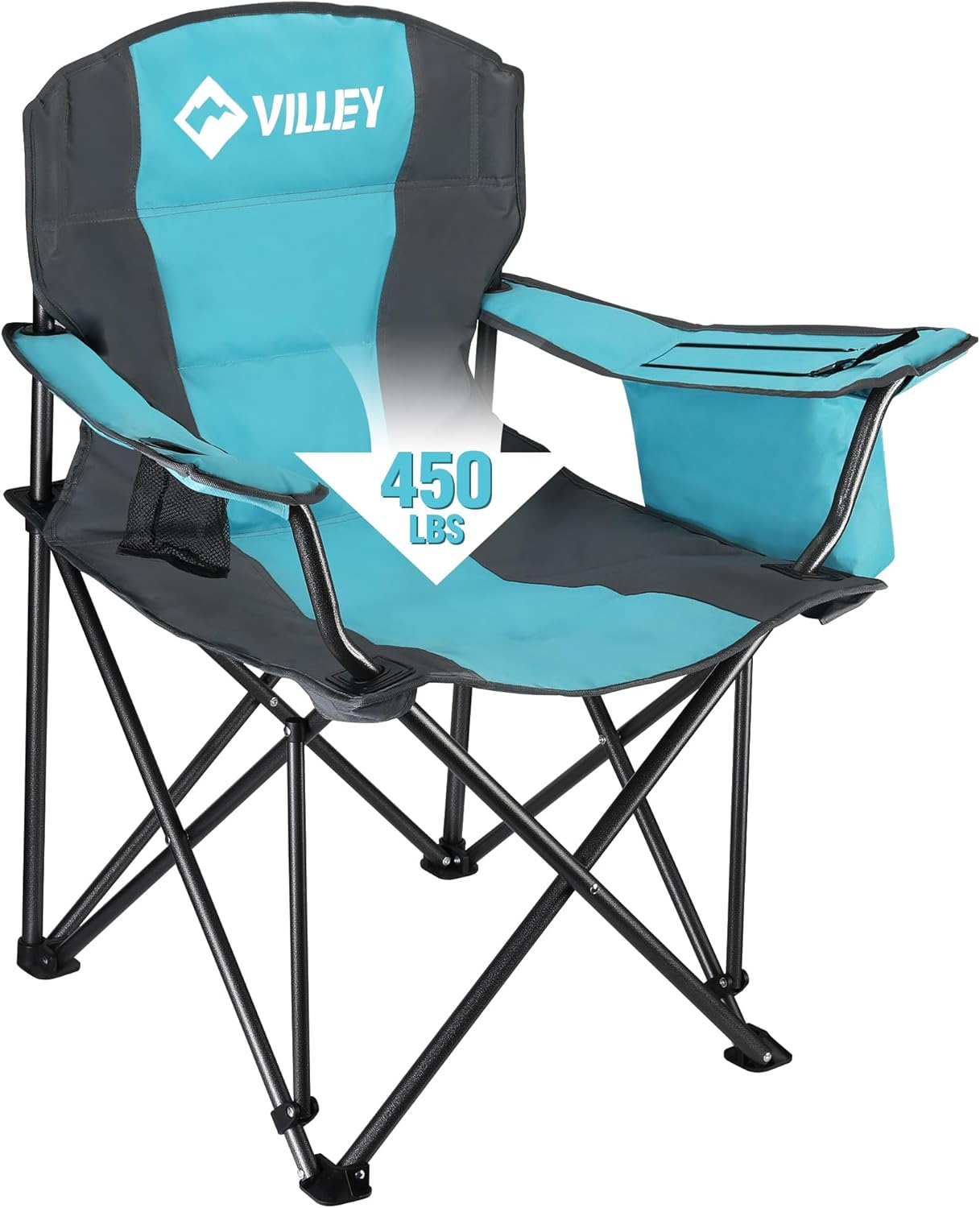 VILLEY Oversized Camping Chair, Heavy Duty Support 450 lbs, Folding Camp Chair, Portable Outdoor Chairs with Padded Seats, Cooler Bag, Cup Holder, Carry Bag for Camping, Lawn, Beach, Hiking, Blue