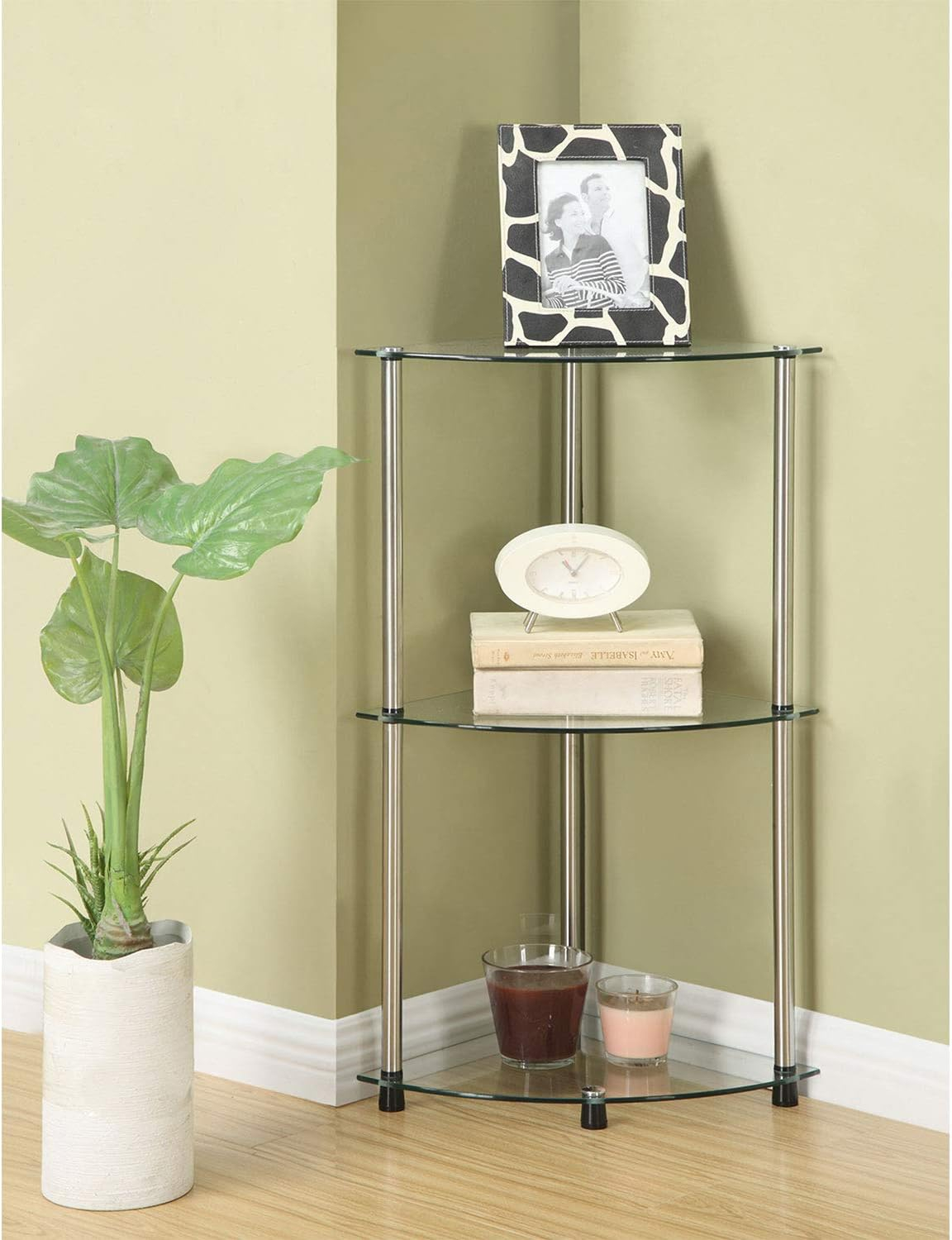 Convenience Concepts Designs2Go Classic Glass 3 Tier Corner Shelf, Multiple Finishes