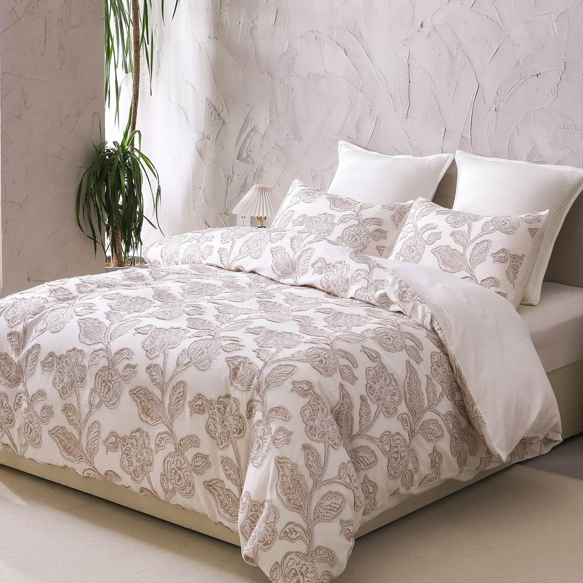 Khaki Cotton Jacquard Floral Queen Duvet Cover Set