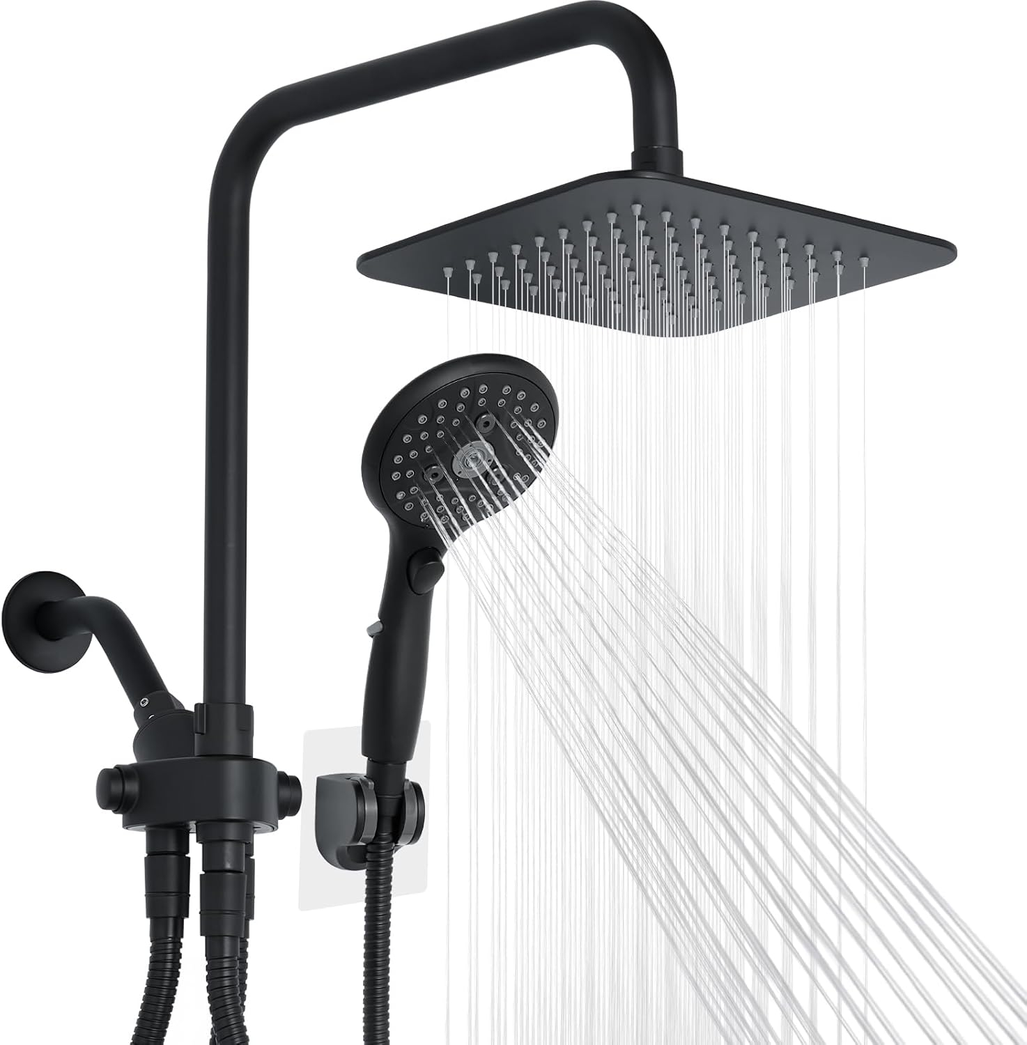 8" Dual Shower Head Combo, Rainfall Shower Head with Handheld, 6 Spray Settings Angle Adjustable Handheld Shower Head with Pause, Height Adjustable, Matte Black