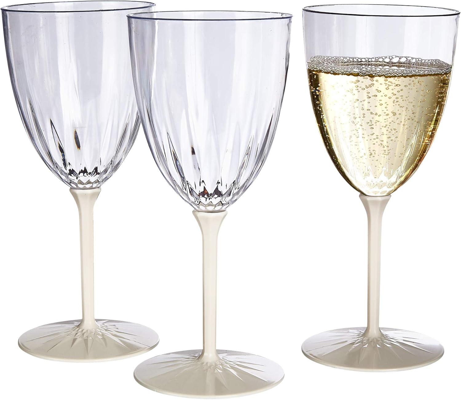VINTAGE COLLECTION DISPOSABLE WINE GLASSES | Reusable Stemmed Wine Cups | for Upscale Wedding and Dining | Includes 6 Plastic Cups (Cream)