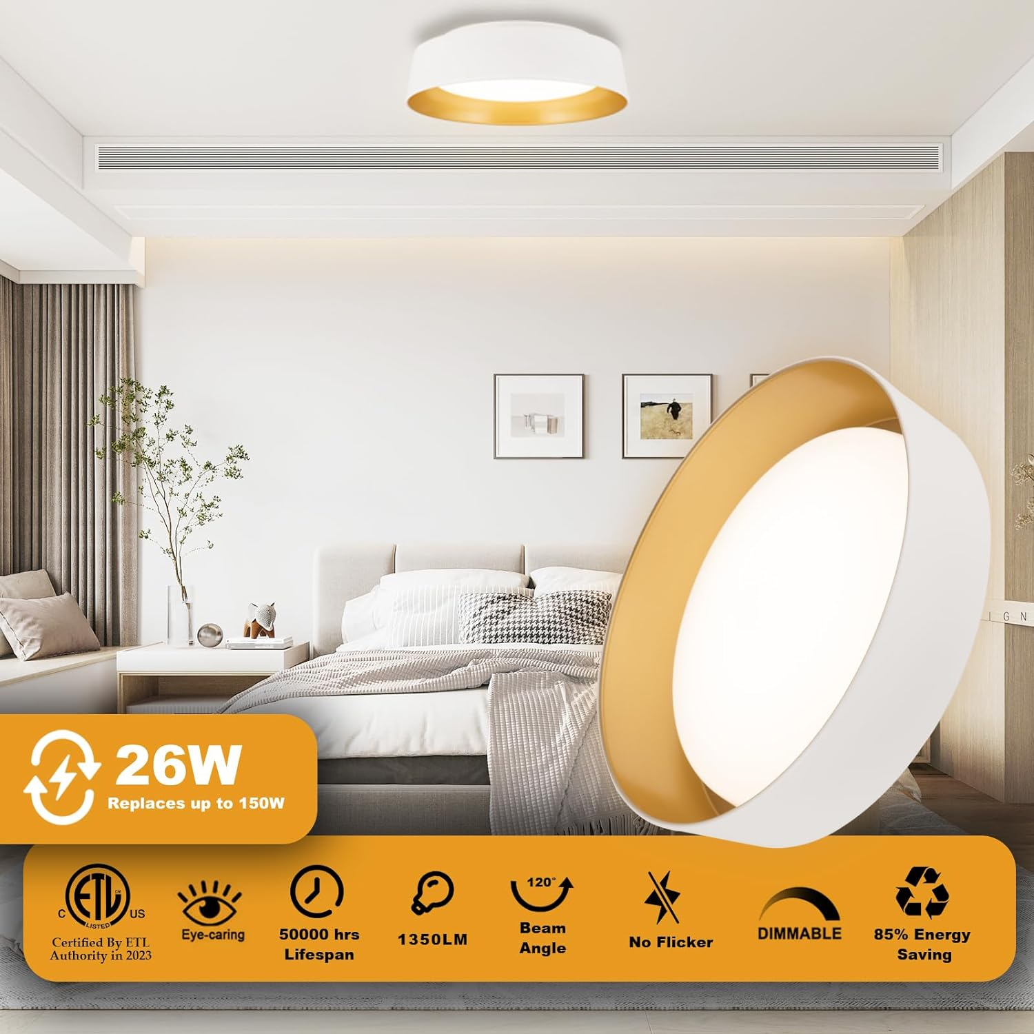 12.5 Inch LED Flush Mount Ceiling Light Fixture, 26W, Super Bright 1350 Lumen, 3 Color 3000K/4000K/5000K, Matt White with Gold Inside, Dimmable Ceiling Lamp for Bedroom Hallway Bathroom Outdoor