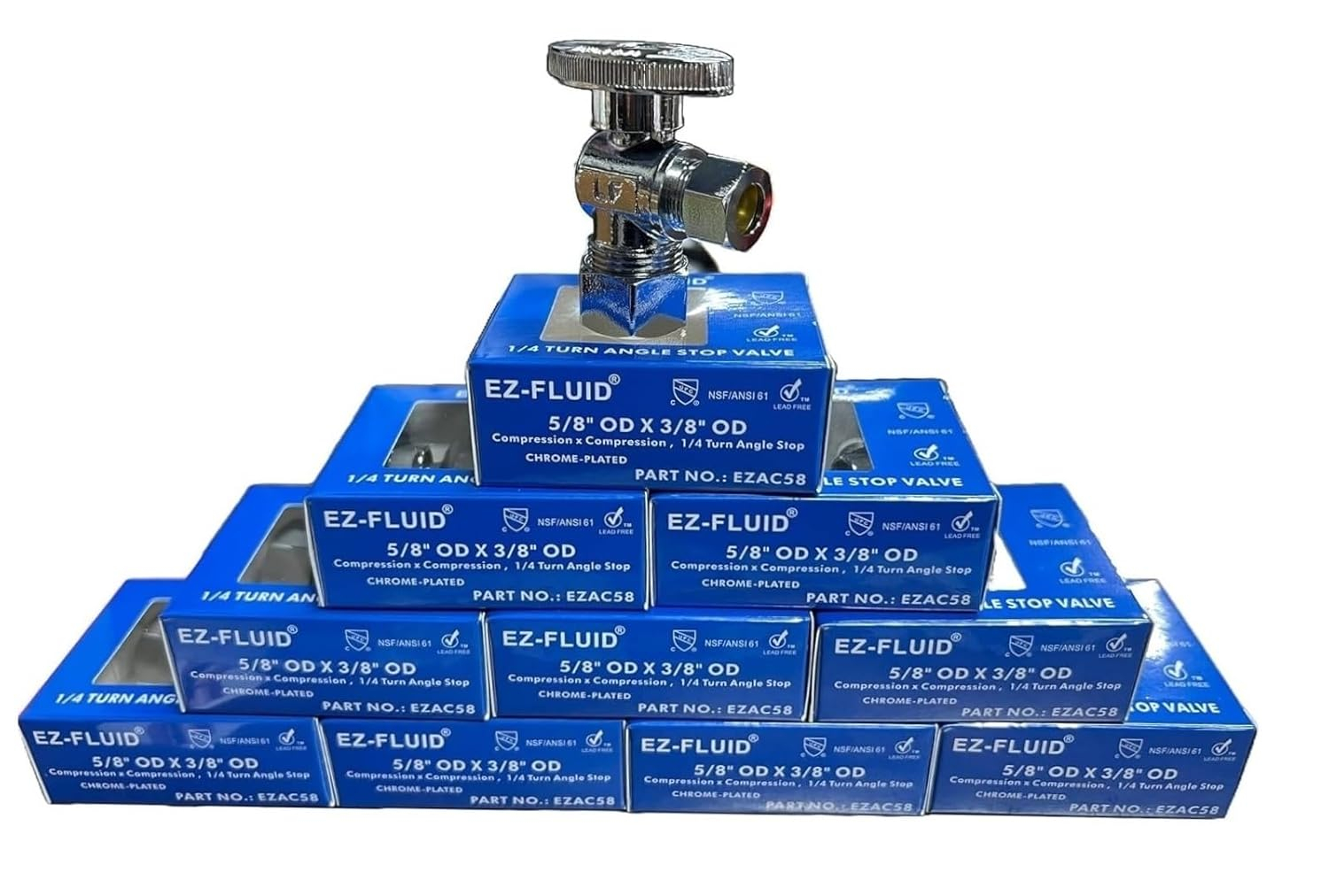 (10Pcs) EZ-Fluid 5/8" OD Comp x 3/8" OD Comp Angle Stop Valve Water Shut Off Ball Valve 1/4 Quarter Turn Heavy Duty Chrome Brass