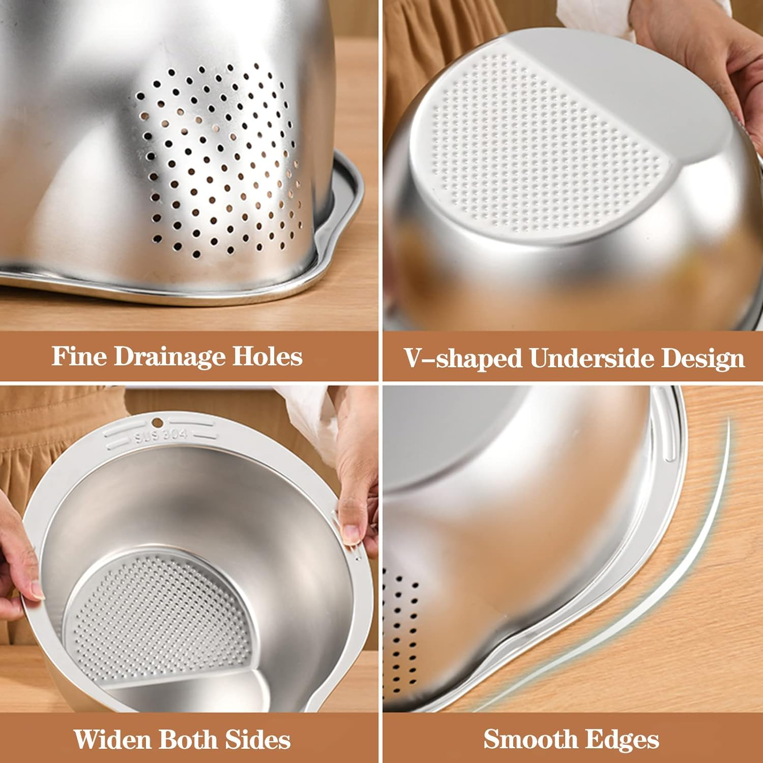 Rice Washer Strainer Bowl - 4-in-1 Washing Bowl for Quinoa, Stainless Steel Rinser With Side Drainers Small Colander for Cleaning Fruits, Vegetables, and Beans - Versatile Kitchen Tool Rice Washing