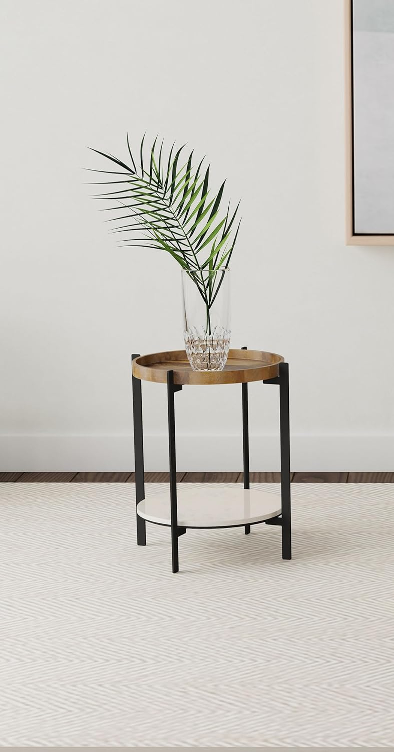 Round Accent Table with Marble Shelf Natural and Black