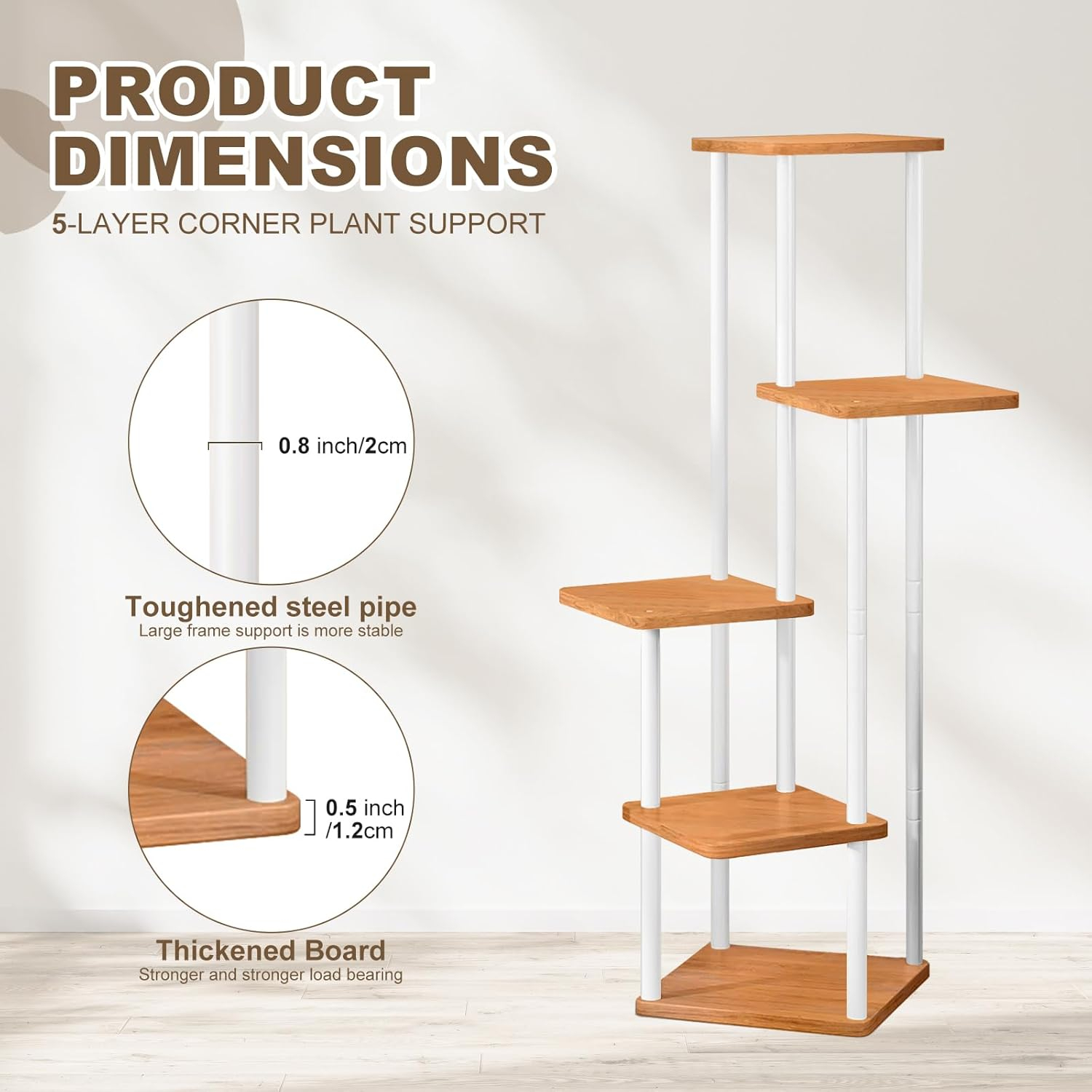 5 Tier Wood Tall Plant Stand Metal Rack Indoor, Multiple Flower Pot Holder Shelves Corner Rack, Planter Shelf Display Rack Storage Organizer for Patio Living Room Balcony Garden(White)